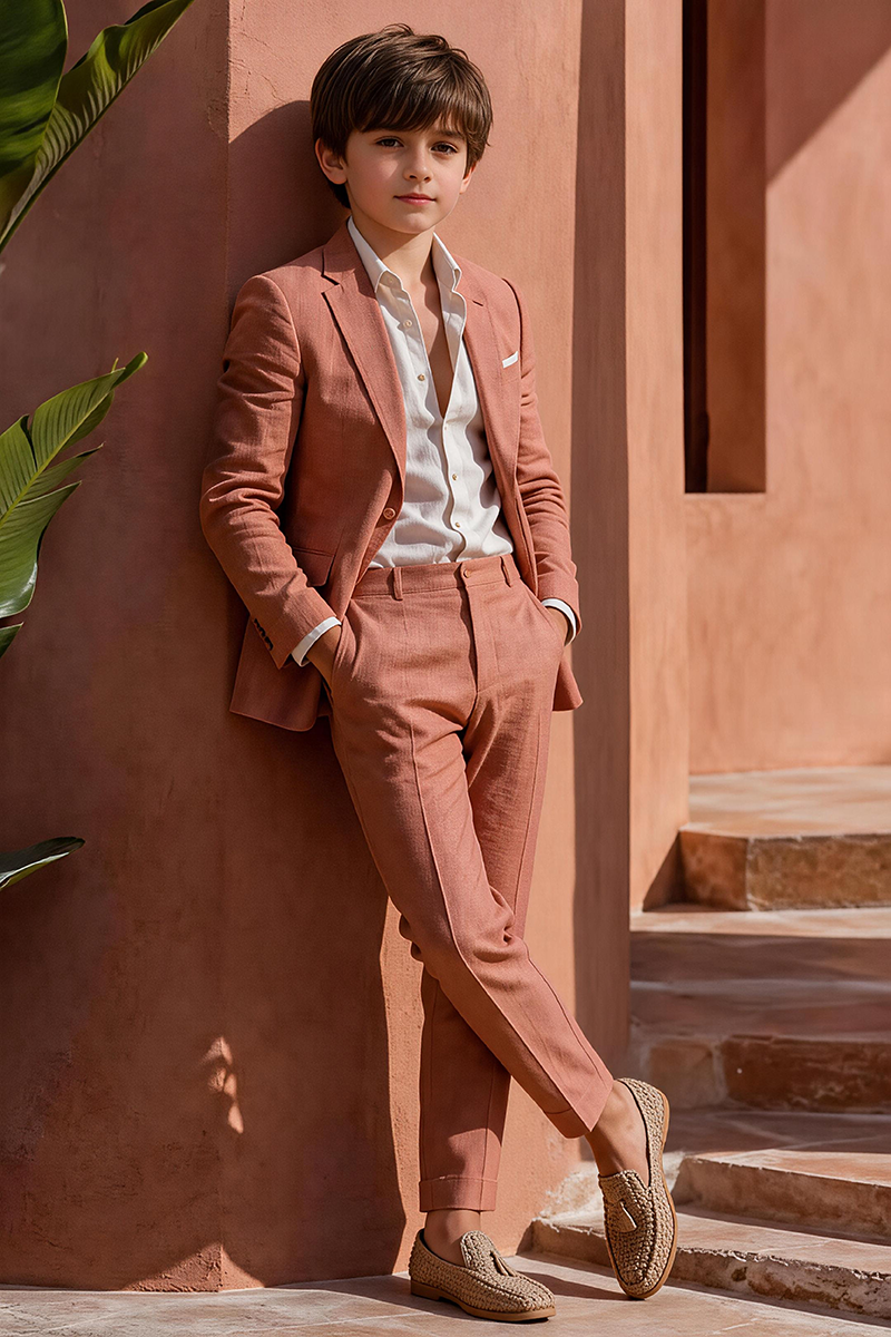 Boys Terracotta Linen Notch Lapel 2-Piece Suit for Warm Tuscan Outdoor Villa Garden Wedding