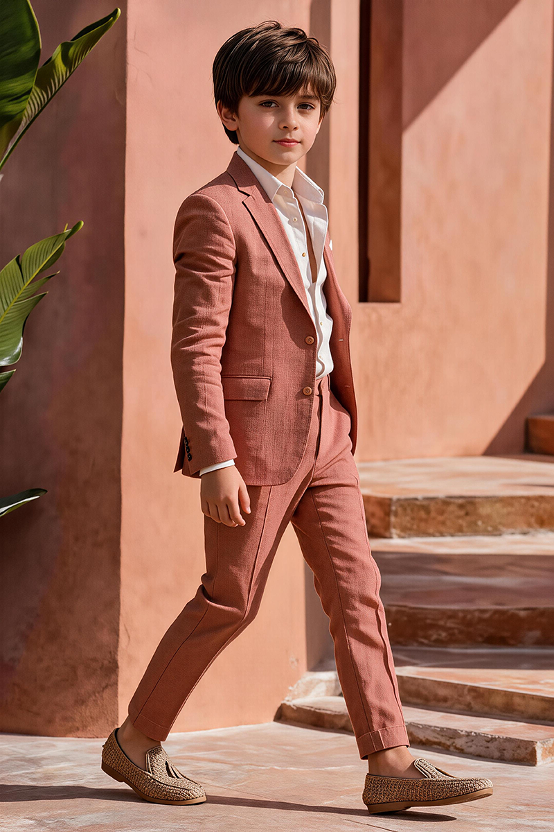 Boys Terracotta Linen Notch Lapel 2-Piece Suit for Warm Tuscan Outdoor Villa Garden Wedding