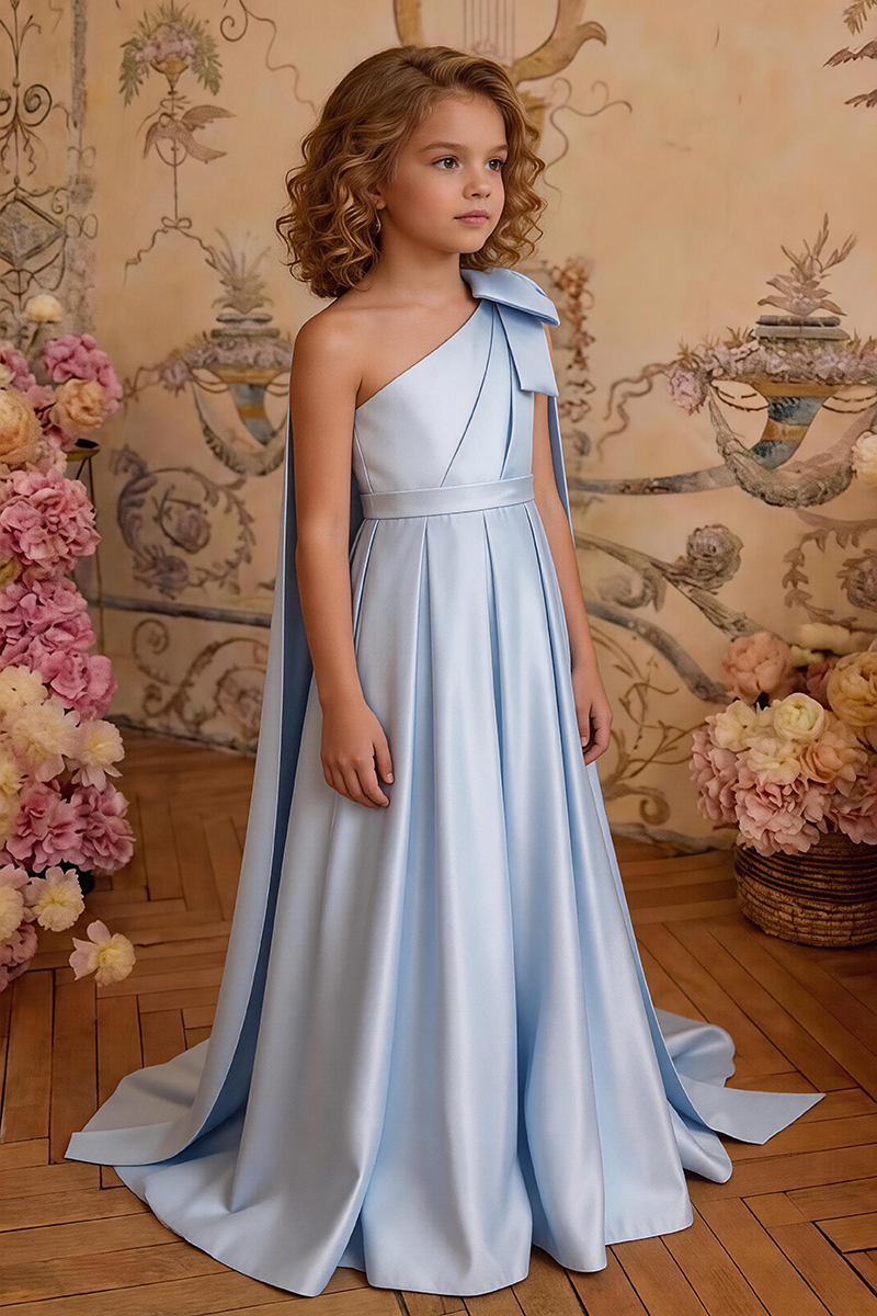 Girls Light Blue One Shoulder Satin Maxi Gown with Shoulder Bow Train