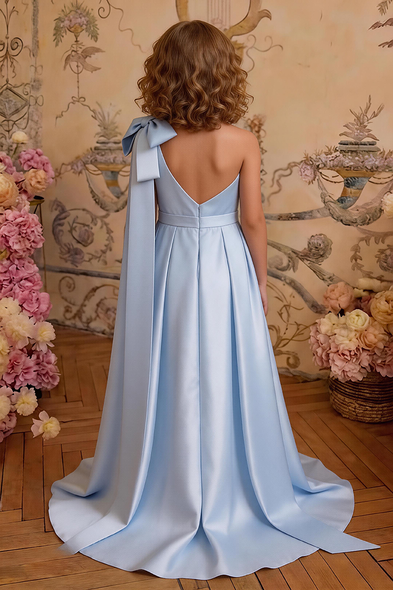 Girls Light Blue One Shoulder Satin Maxi Gown with Shoulder Bow Train