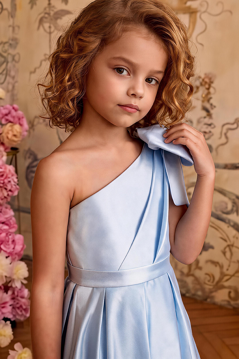 Girls Light Blue One Shoulder Satin Maxi Gown with Shoulder Bow Train