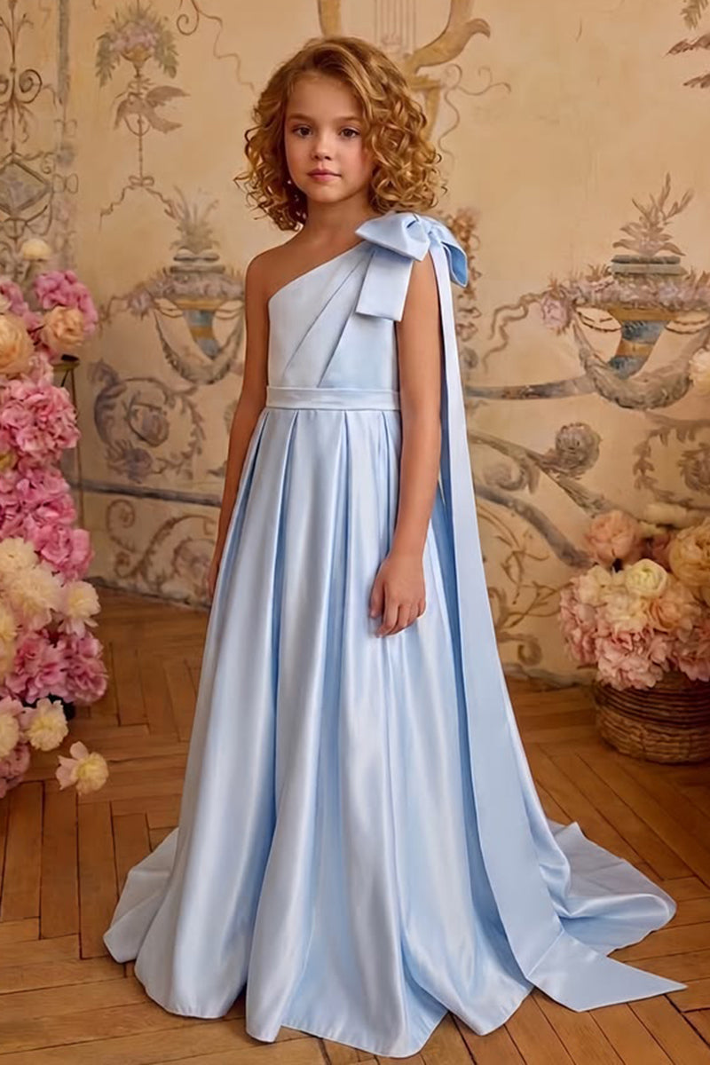 Girls Light Blue One Shoulder Satin Maxi Gown with Shoulder Bow Train