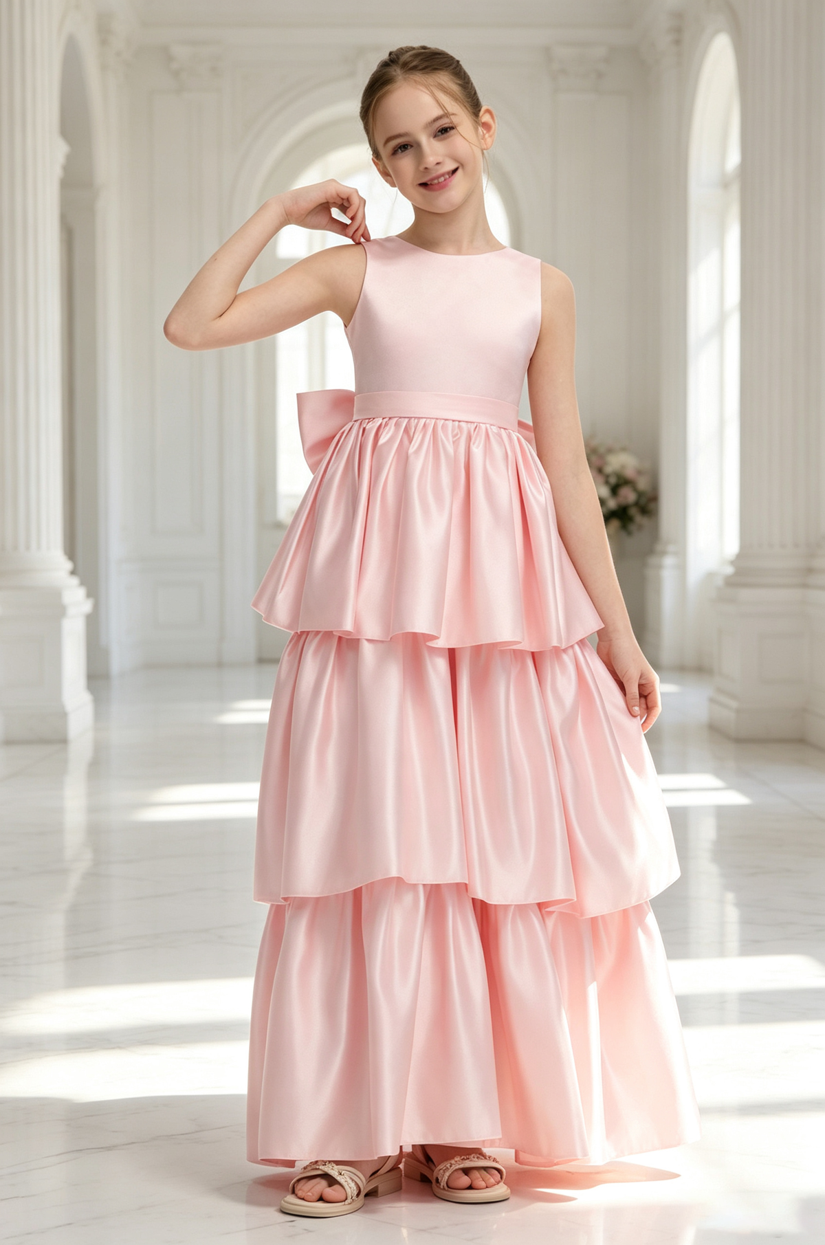 Pink Sleeveless Satin Tiered Cake Maxi Dress Big Back Bow Dress
