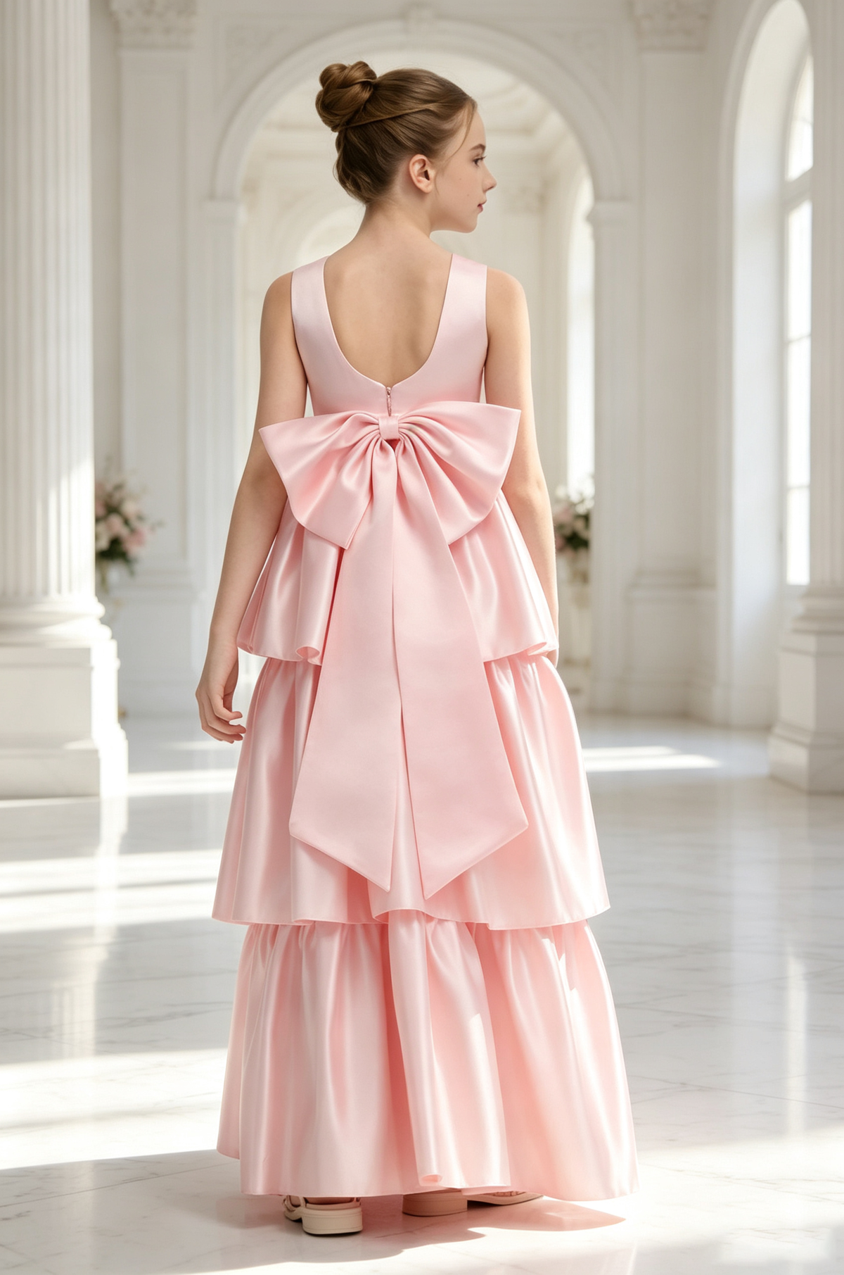 Pink Sleeveless Satin Tiered Cake Maxi Dress Big Back Bow Dress