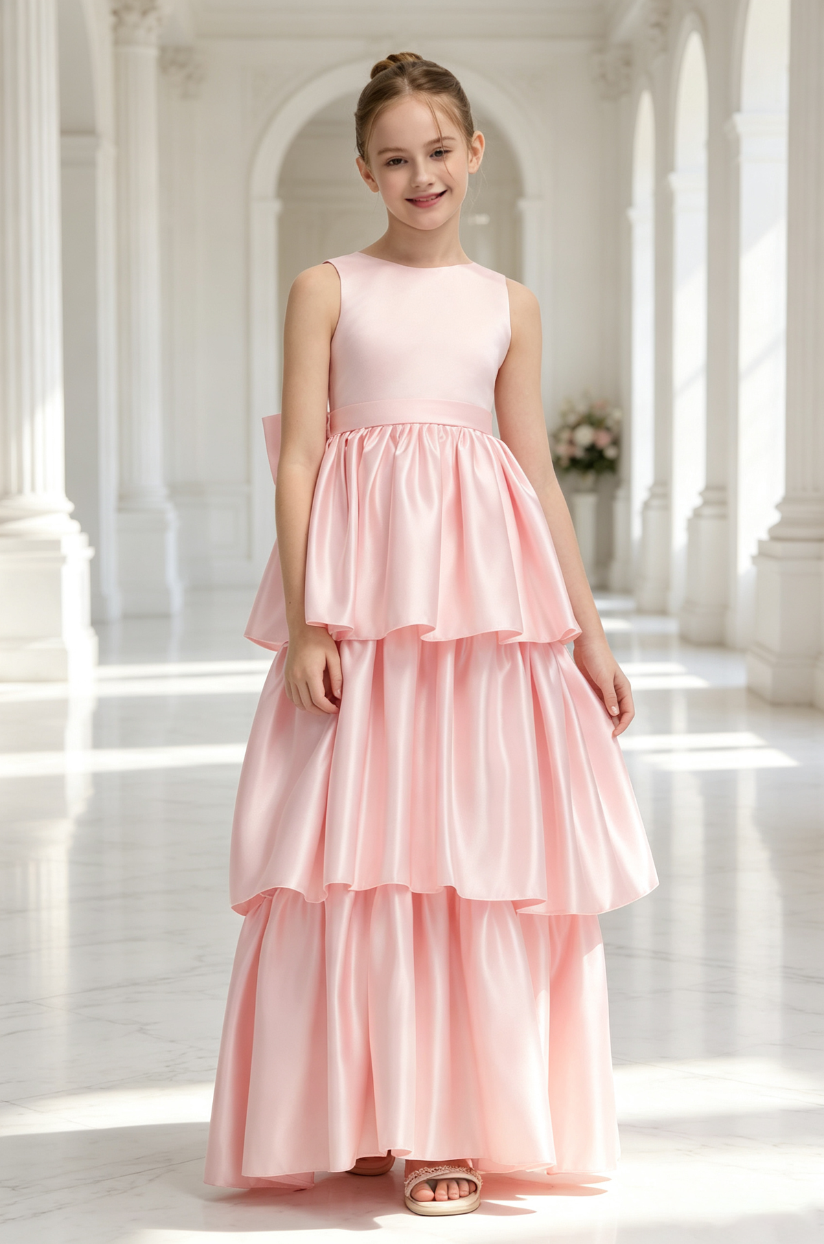 Pink Sleeveless Satin Tiered Cake Maxi Dress Big Back Bow Dress