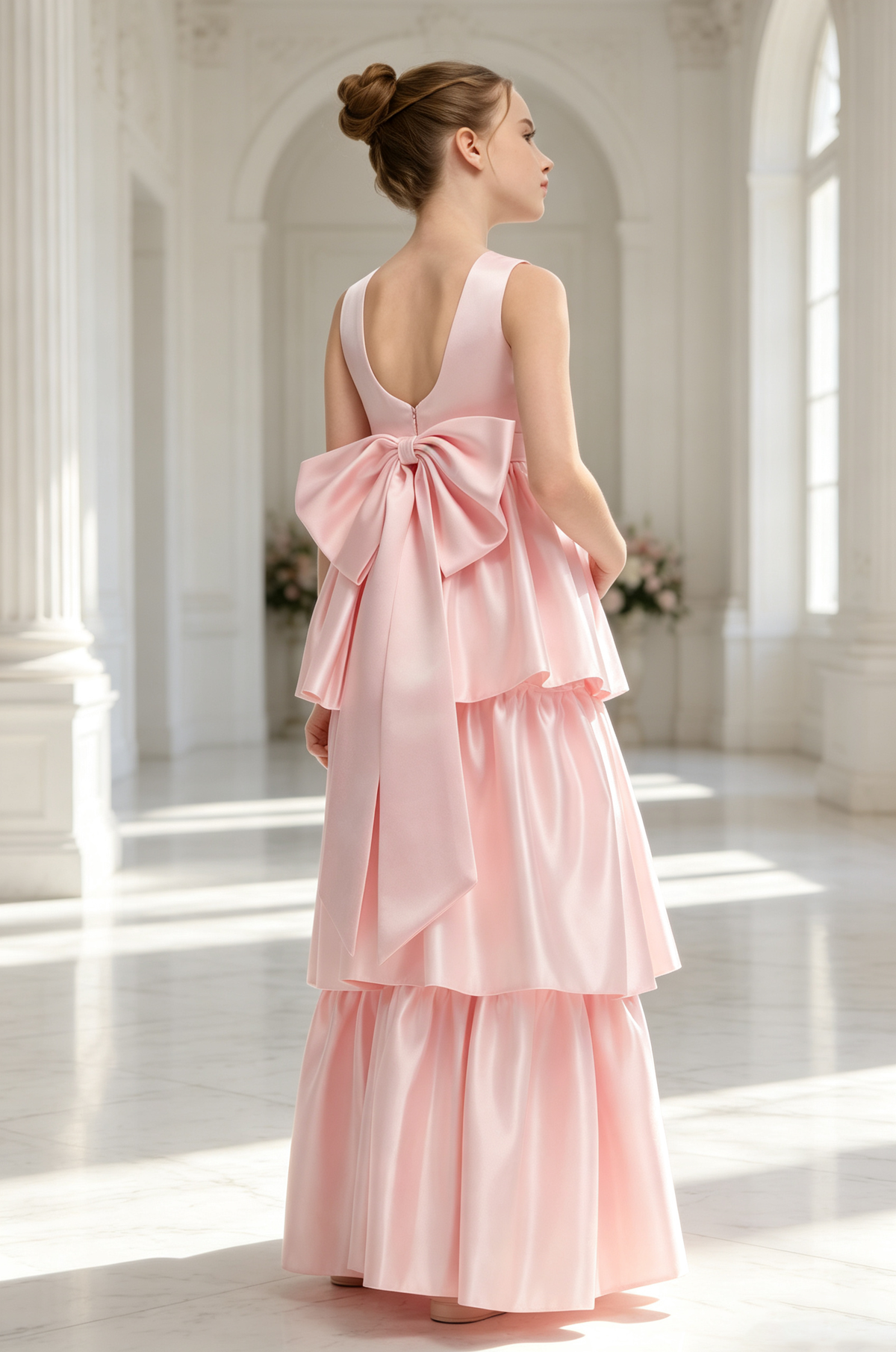 Pink Sleeveless Satin Tiered Cake Maxi Dress Big Back Bow Dress