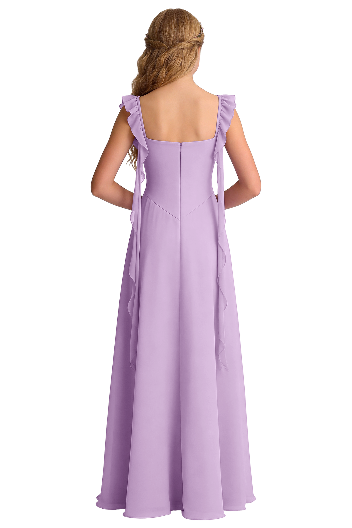 Blue Chiffon Square Neck Ruffle Strap Floating Ribbon Dress