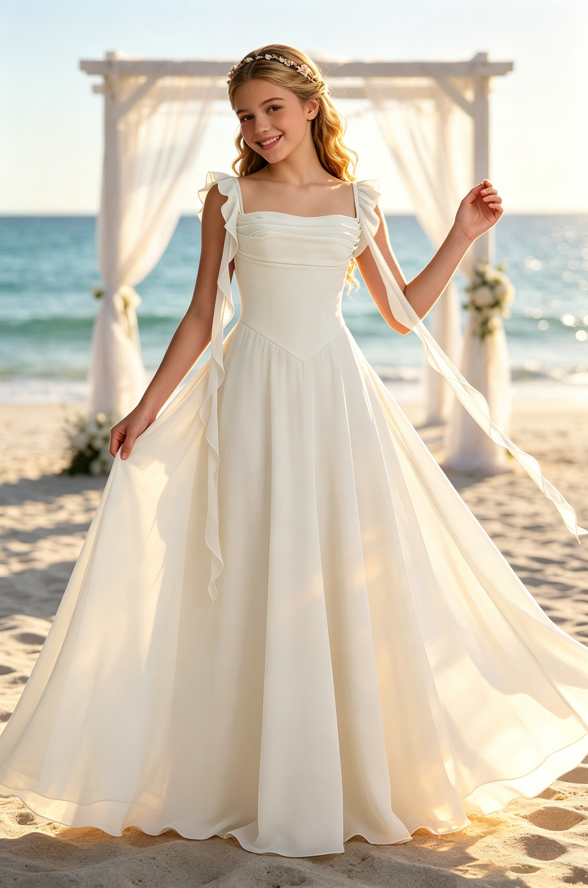 Blue Chiffon Square Neck Ruffle Strap Floating Ribbon Dress