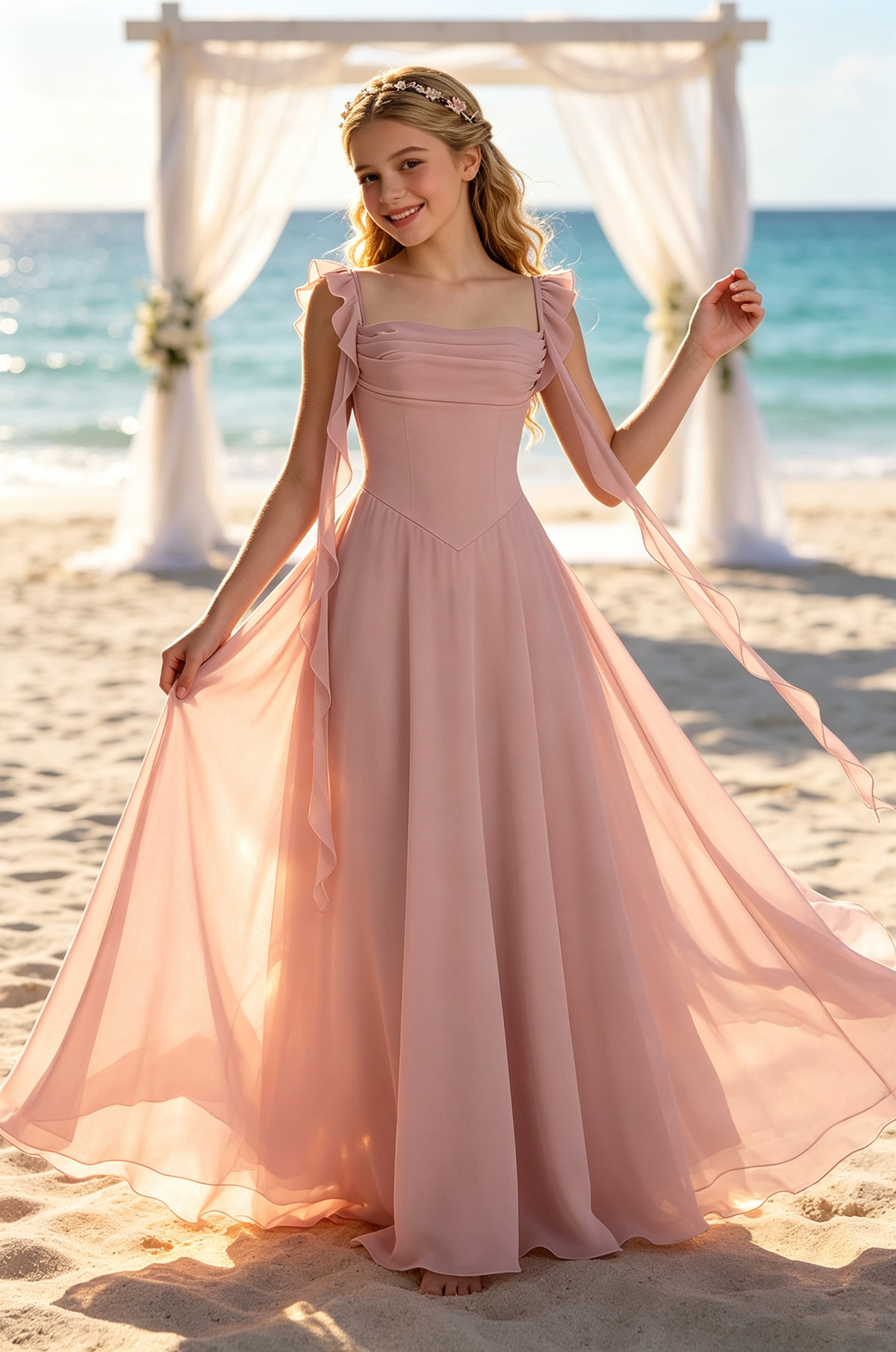 Blue Chiffon Square Neck Ruffle Strap Floating Ribbon Dress