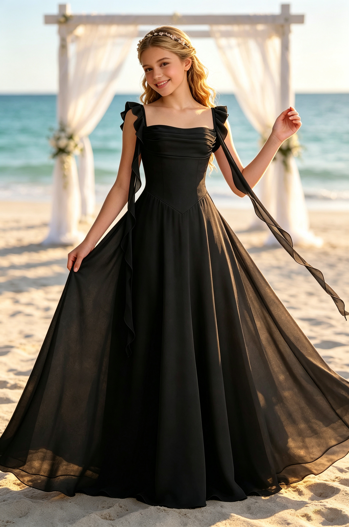 Blue Chiffon Square Neck Ruffle Strap Floating Ribbon Dress