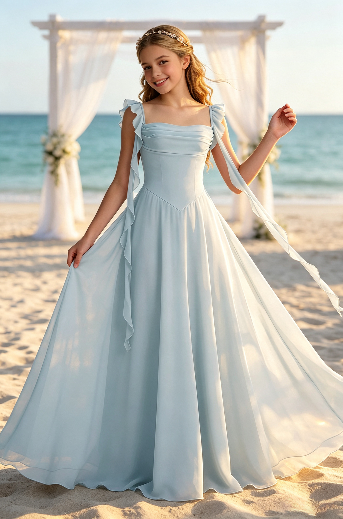 Blue Chiffon Square Neck Ruffle Strap Floating Ribbon Dress