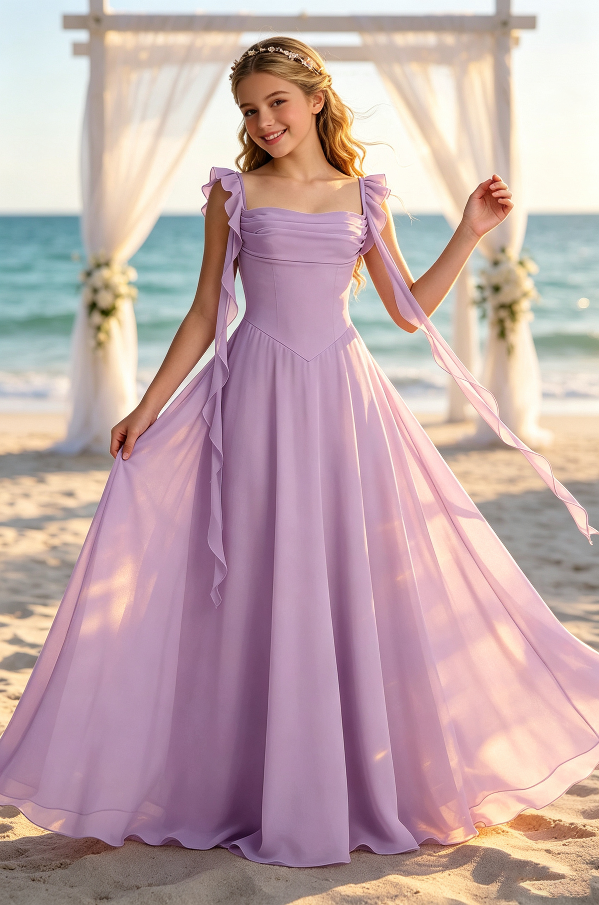 Blue Chiffon Square Neck Ruffle Strap Floating Ribbon Dress