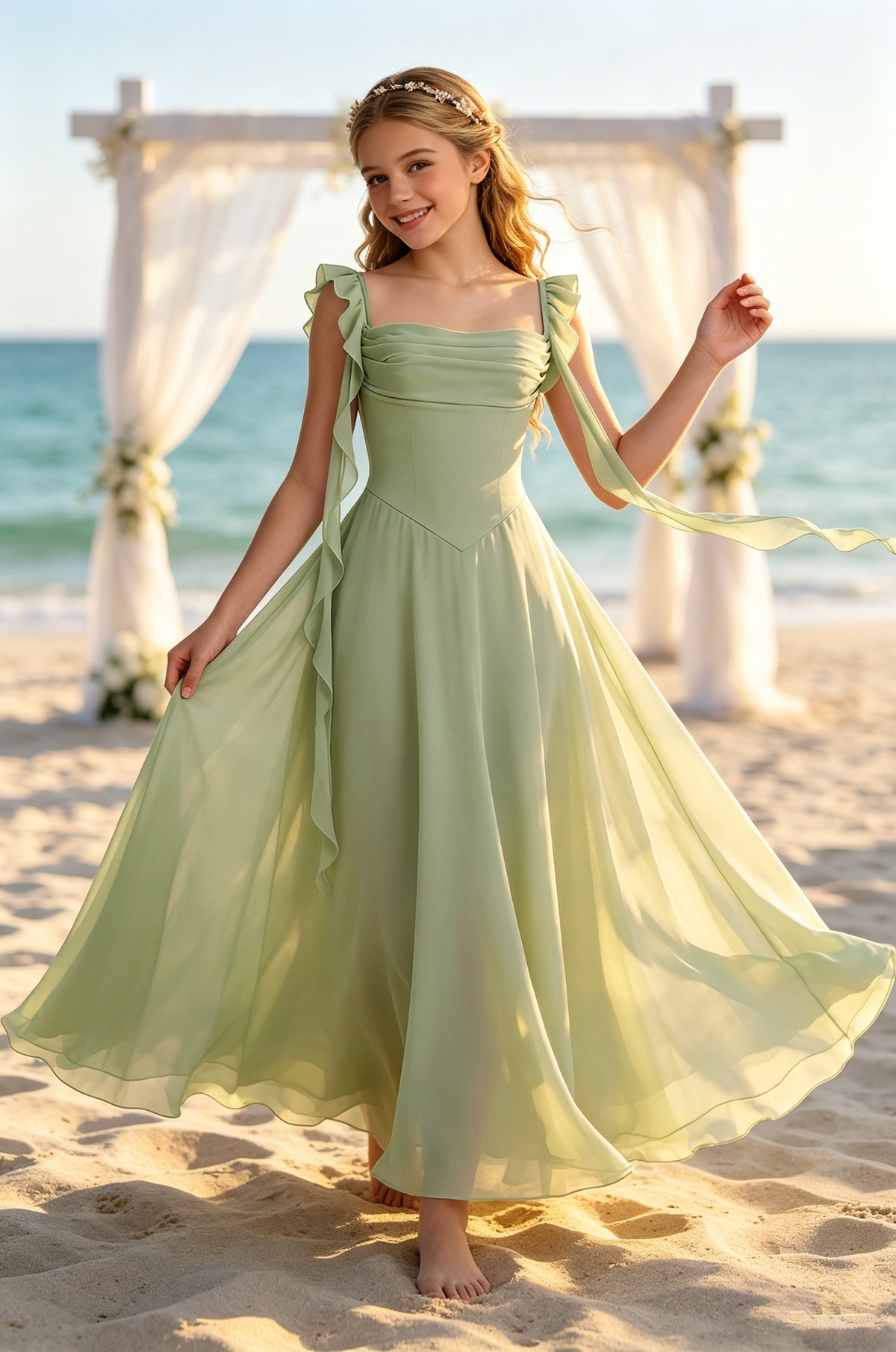 Blue Chiffon Square Neck Ruffle Strap Floating Ribbon Dress