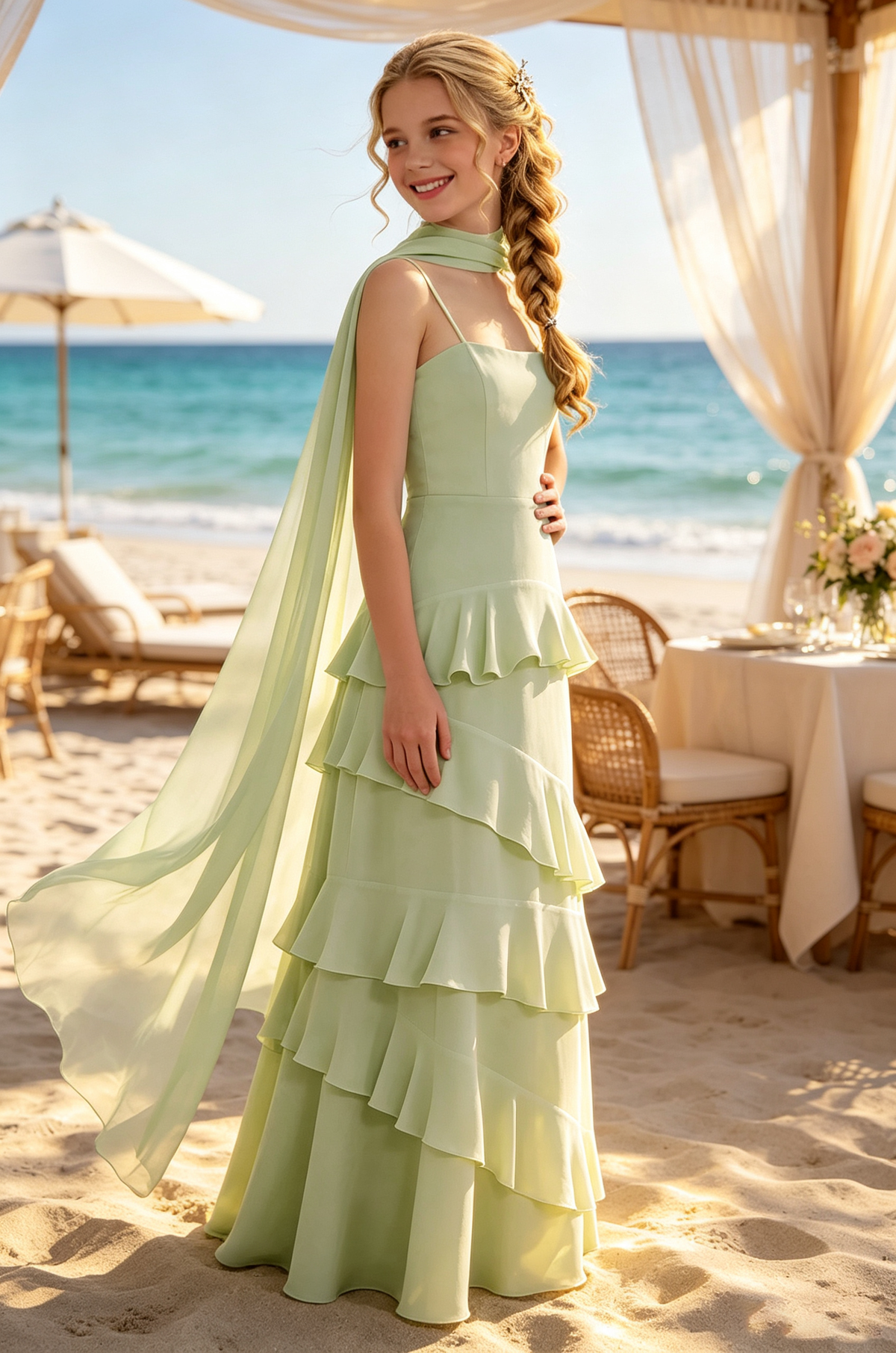 Green Chiffon Spaghetti Strap Tiered Ruffle Neck Scarf Sash Dress