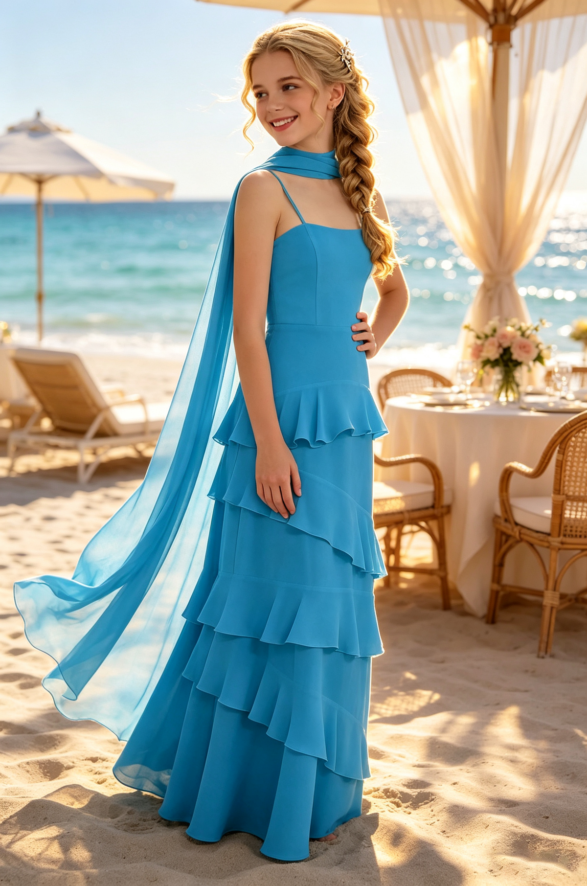Green Chiffon Spaghetti Strap Tiered Ruffle Neck Scarf Sash Dress