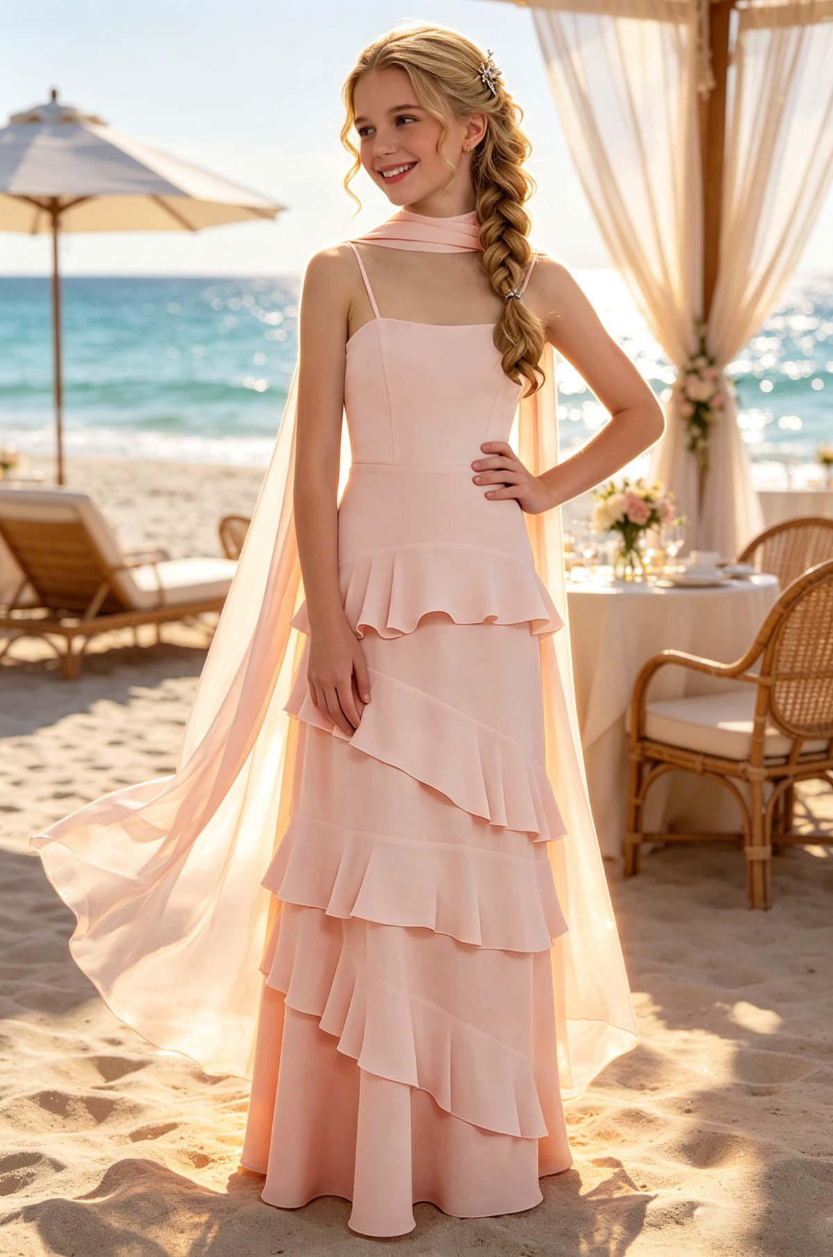 Green Chiffon Spaghetti Strap Tiered Ruffle Neck Scarf Sash Dress