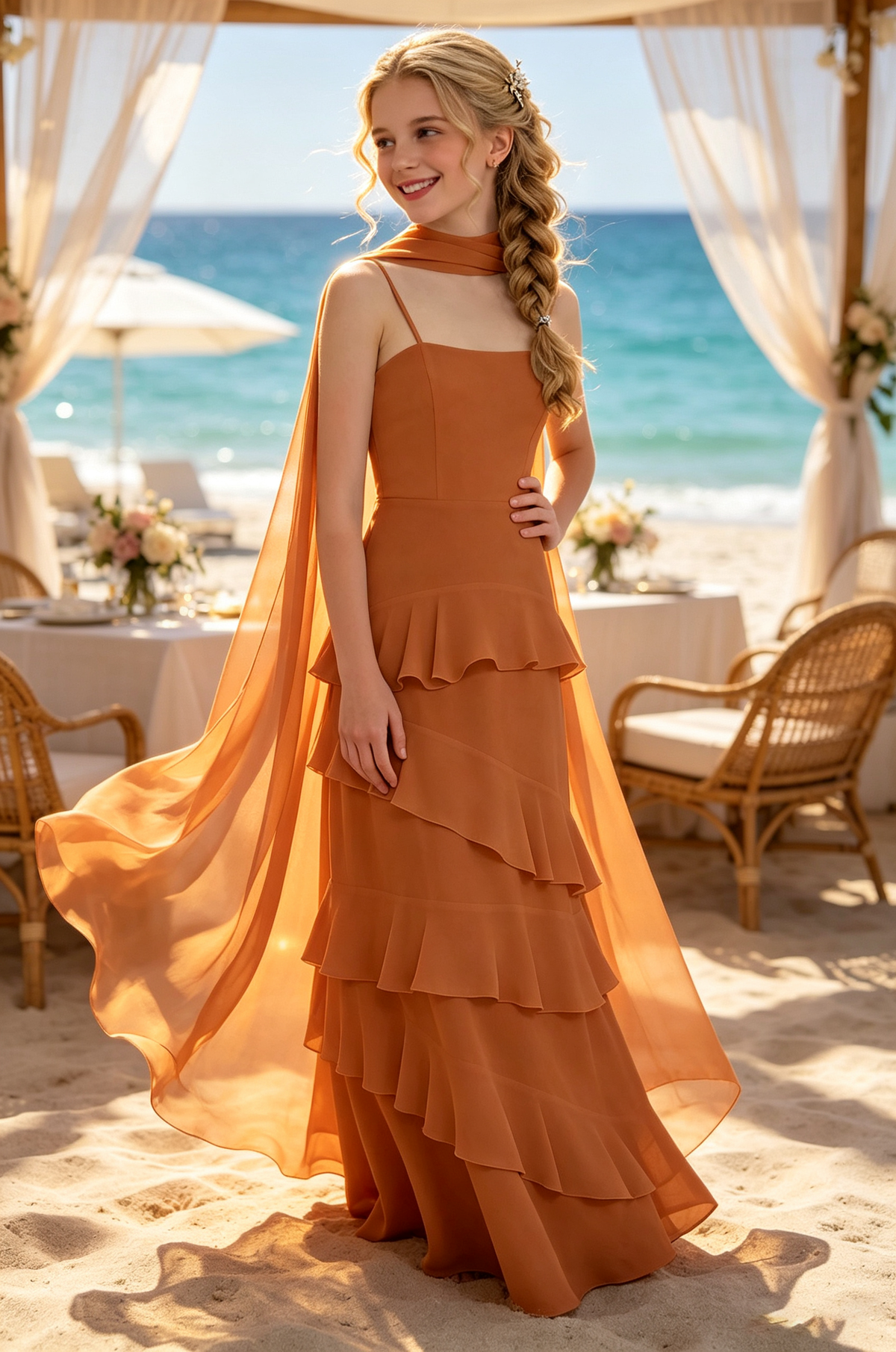 Green Chiffon Spaghetti Strap Tiered Ruffle Neck Scarf Sash Dress