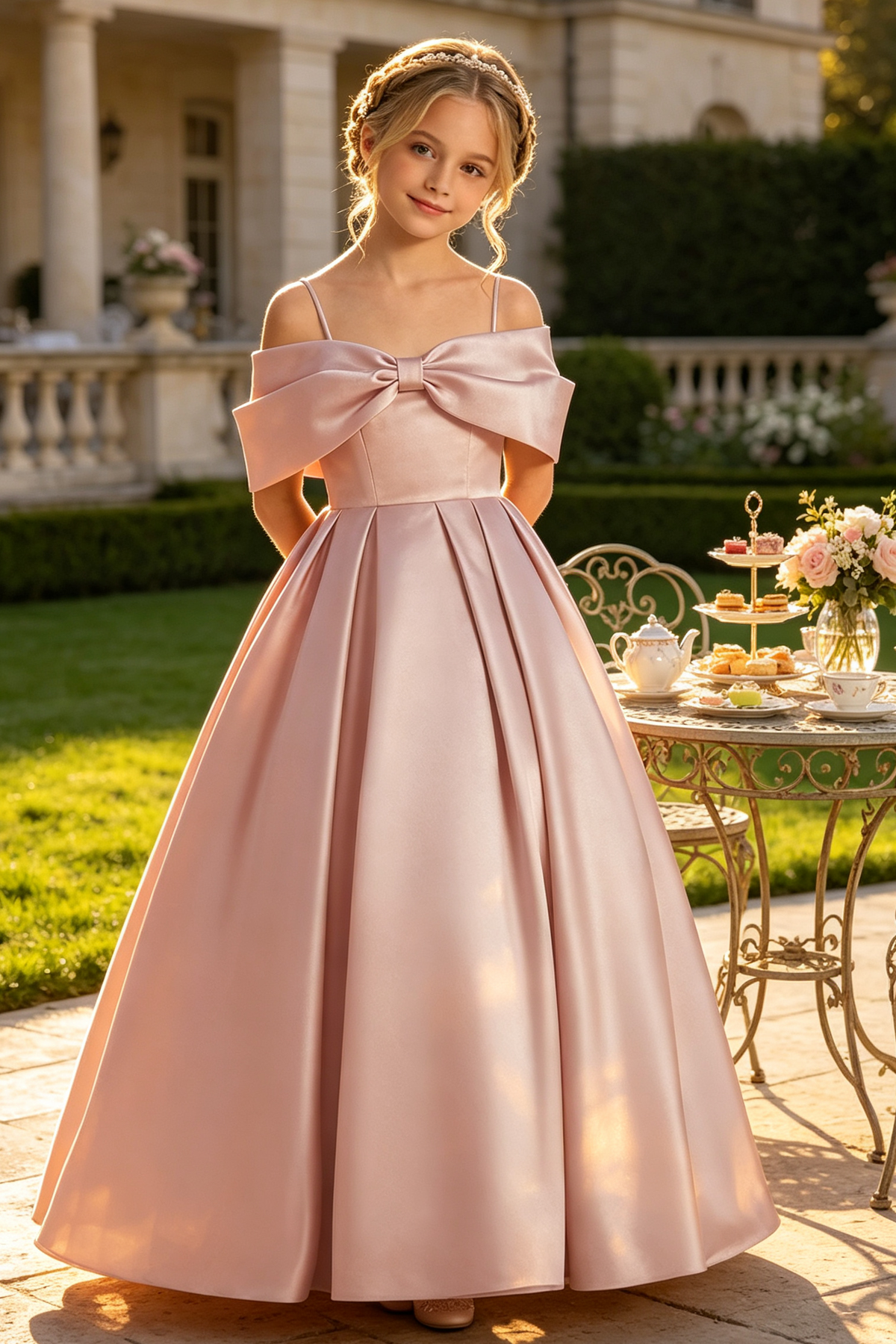 Green Satin Off-Shoulder Spaghetti Strap Big Bow Full A-Line Dress