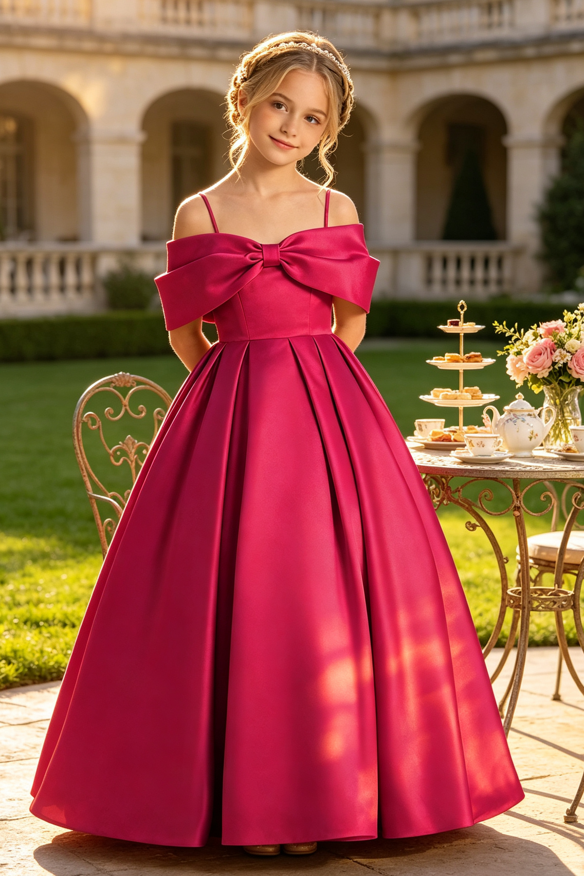 Green Satin Off-Shoulder Spaghetti Strap Big Bow Full A-Line Dress