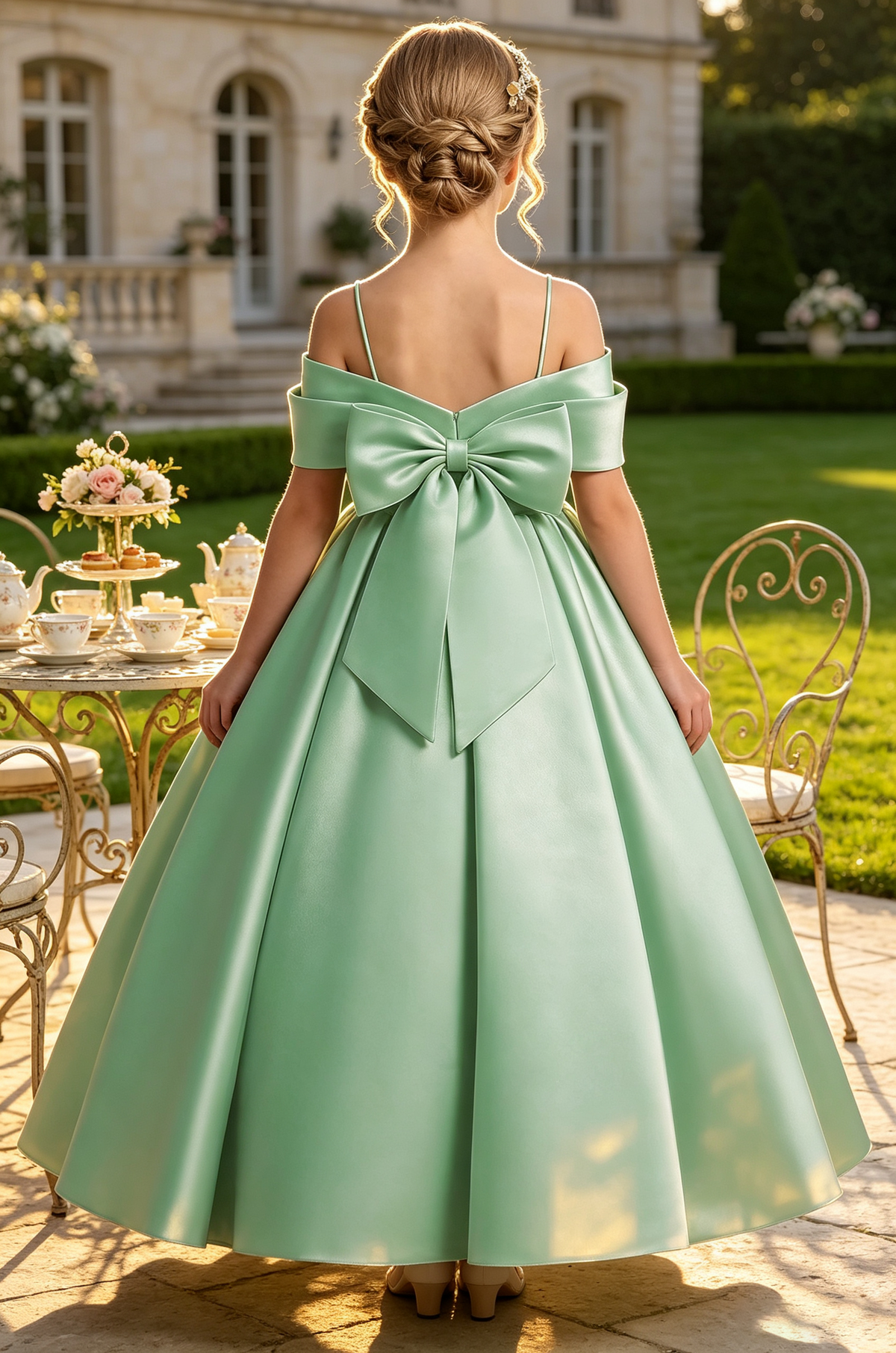 Green Satin Off-Shoulder Spaghetti Strap Big Bow Full A-Line Dress