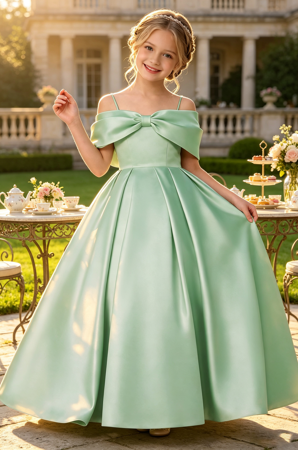 Green Satin Off-Shoulder Spaghetti Strap Big Bow Full A-Line Dress