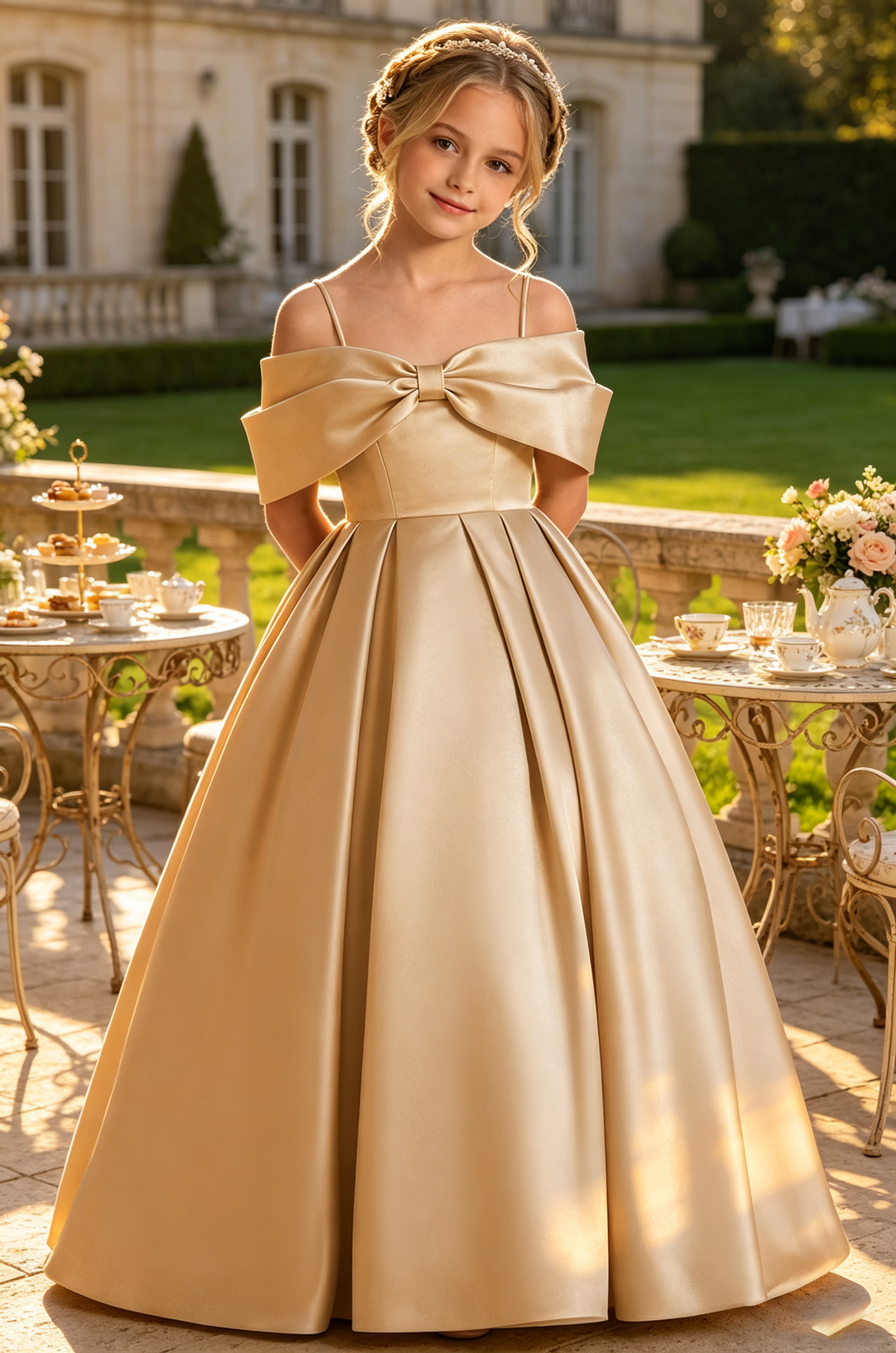 Green Satin Off-Shoulder Spaghetti Strap Big Bow Full A-Line Dress