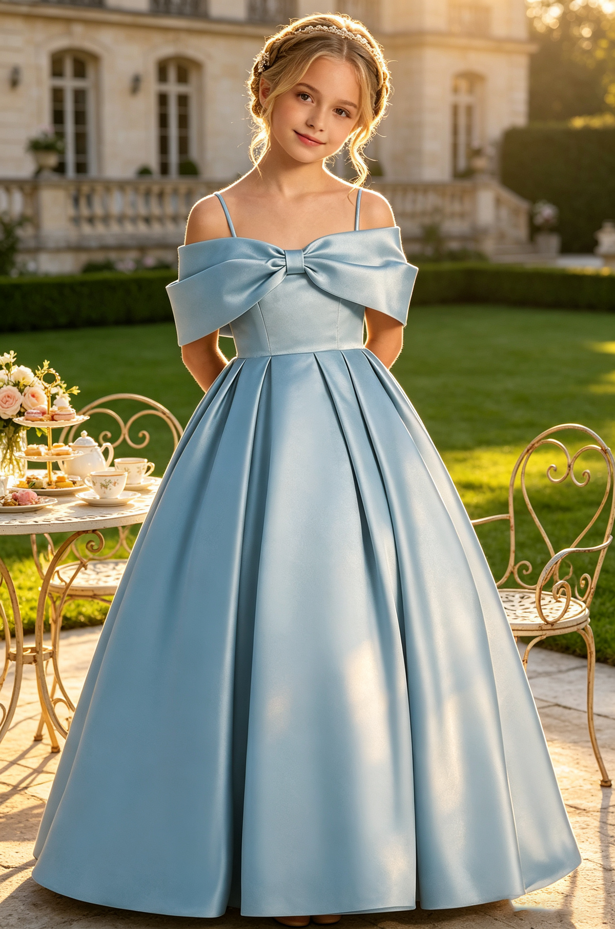 Green Satin Off-Shoulder Spaghetti Strap Big Bow Full A-Line Dress