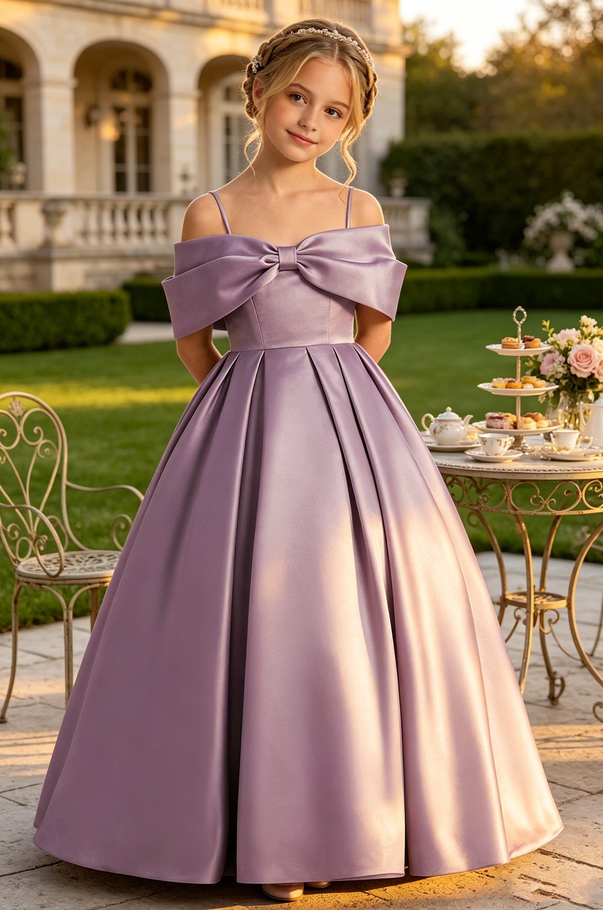 Green Satin Off-Shoulder Spaghetti Strap Big Bow Full A-Line Dress