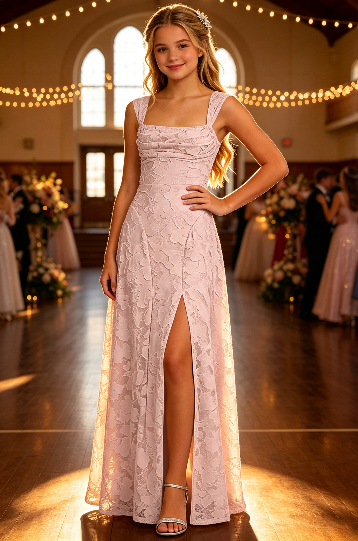 Sky Blue Floral Lace Square Neck Wide Strap Slit Dress