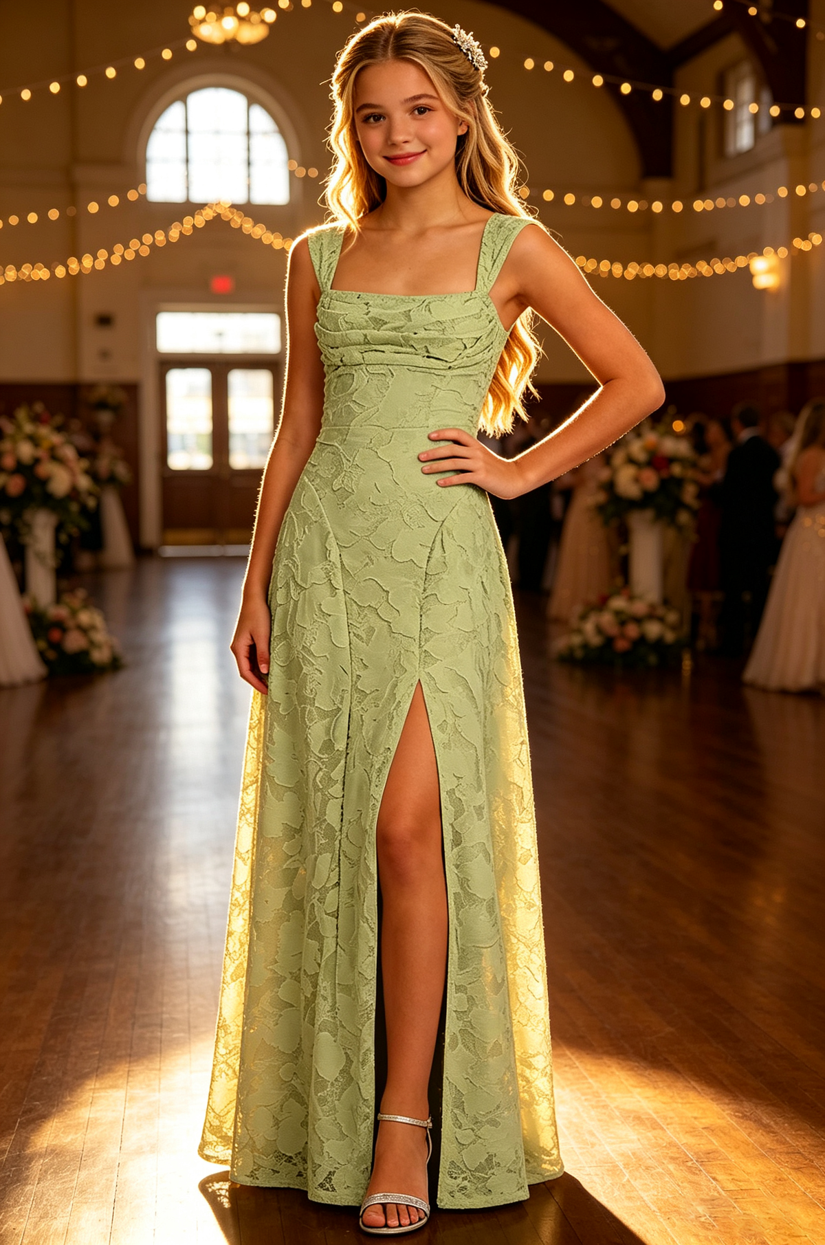 Sky Blue Floral Lace Square Neck Wide Strap Slit Dress