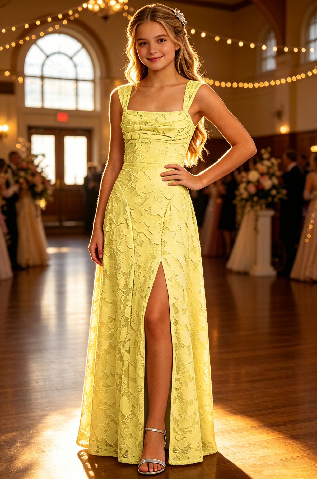 Sky Blue Floral Lace Square Neck Wide Strap Slit Dress
