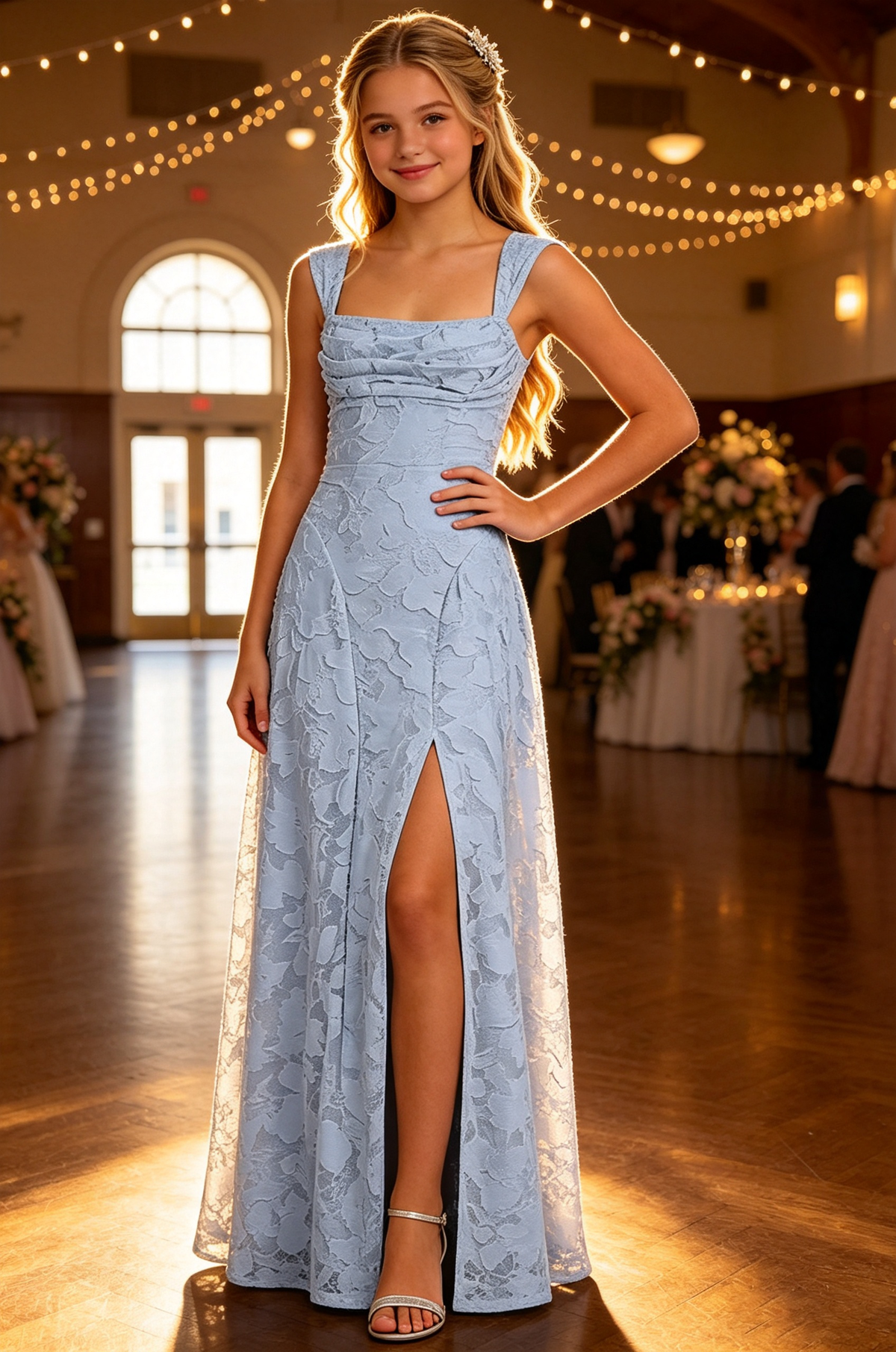 Sky Blue Floral Lace Square Neck Wide Strap Slit Dress