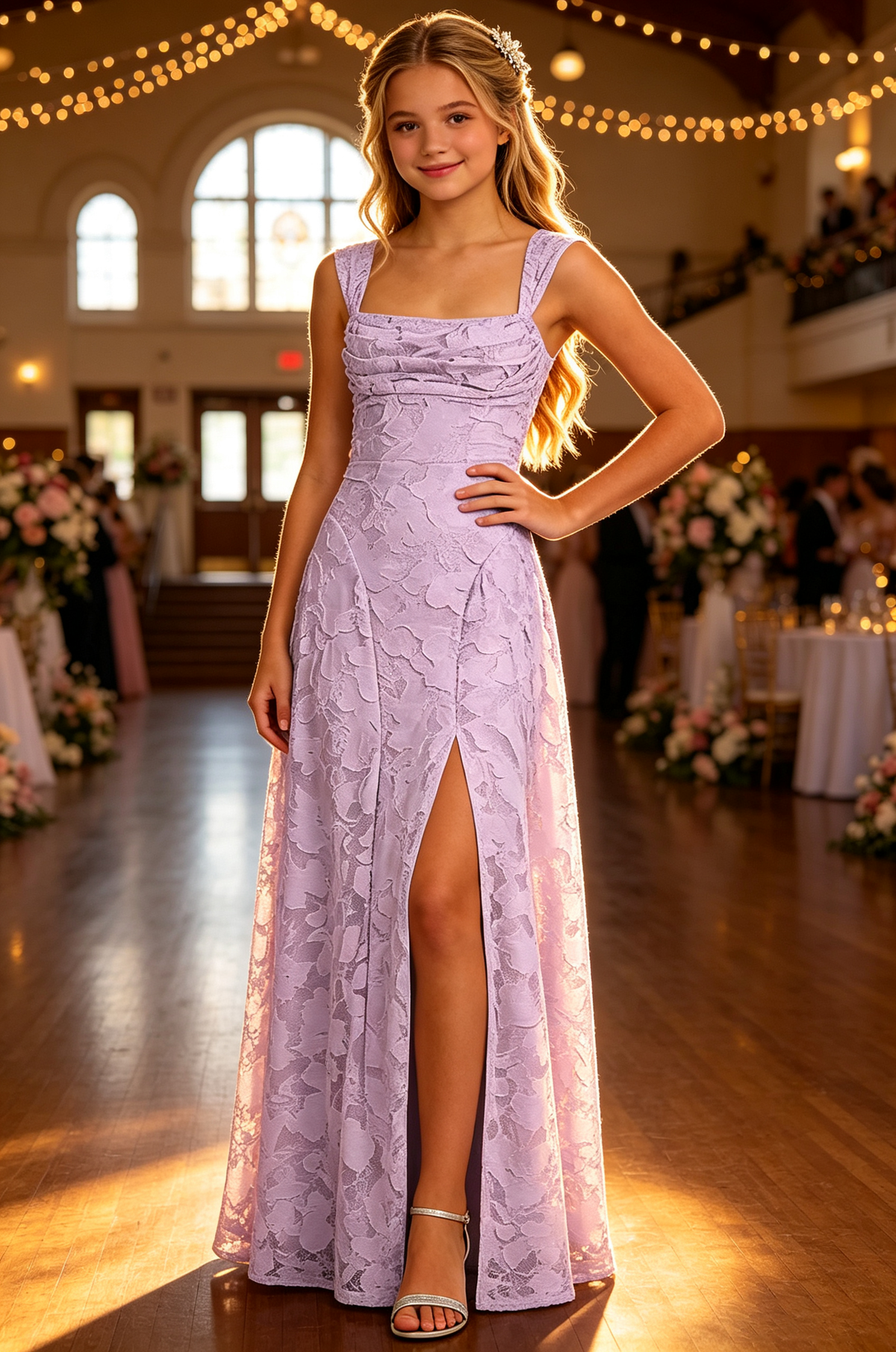 Sky Blue Floral Lace Square Neck Wide Strap Slit Dress