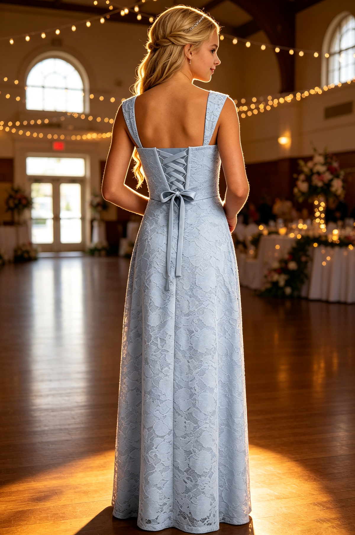 Sky Blue Floral Lace Square Neck Wide Strap Slit Dress