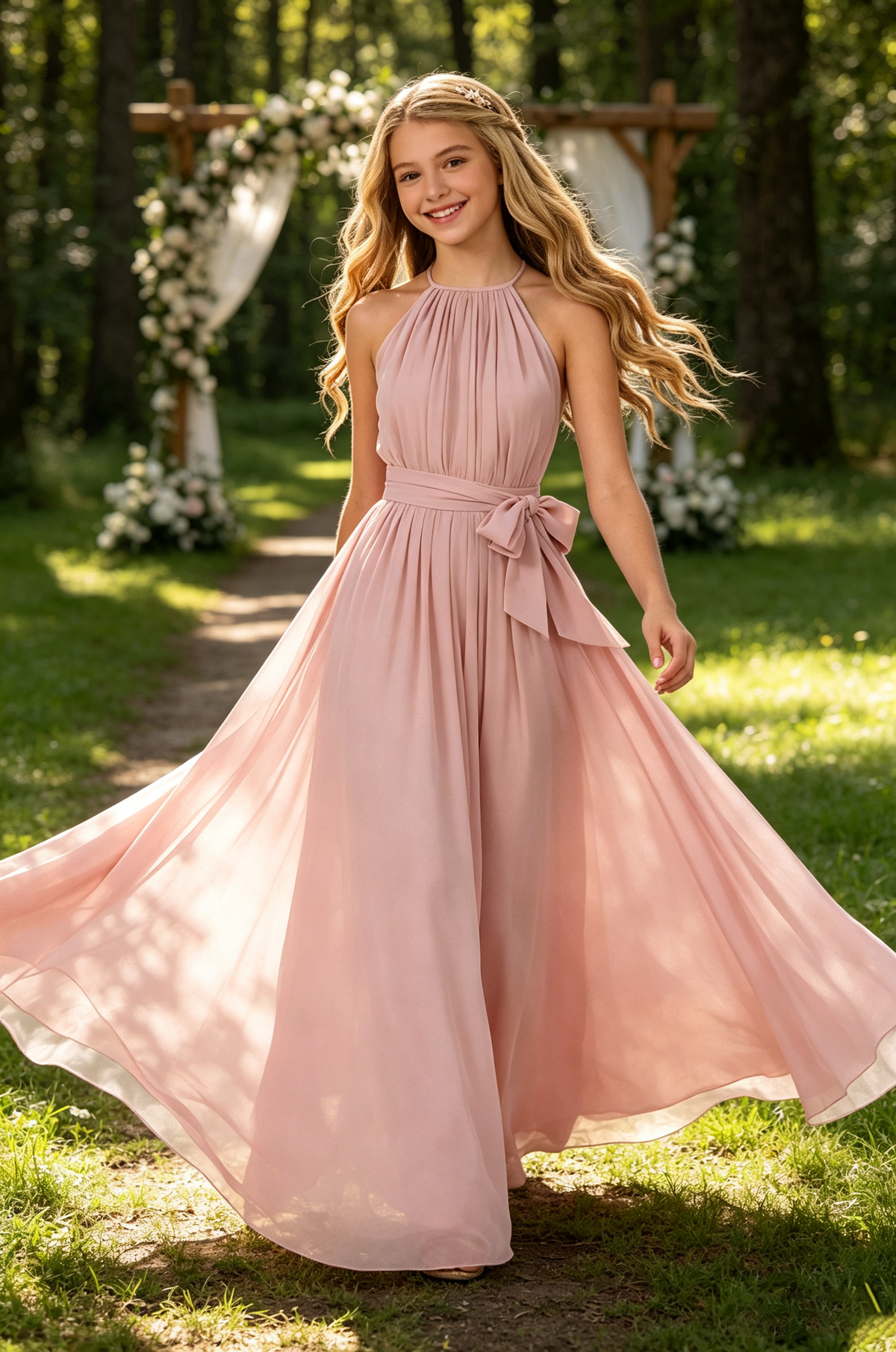 Pink Halter Gathered Chiffon Sash Bow Full A-Line Dress