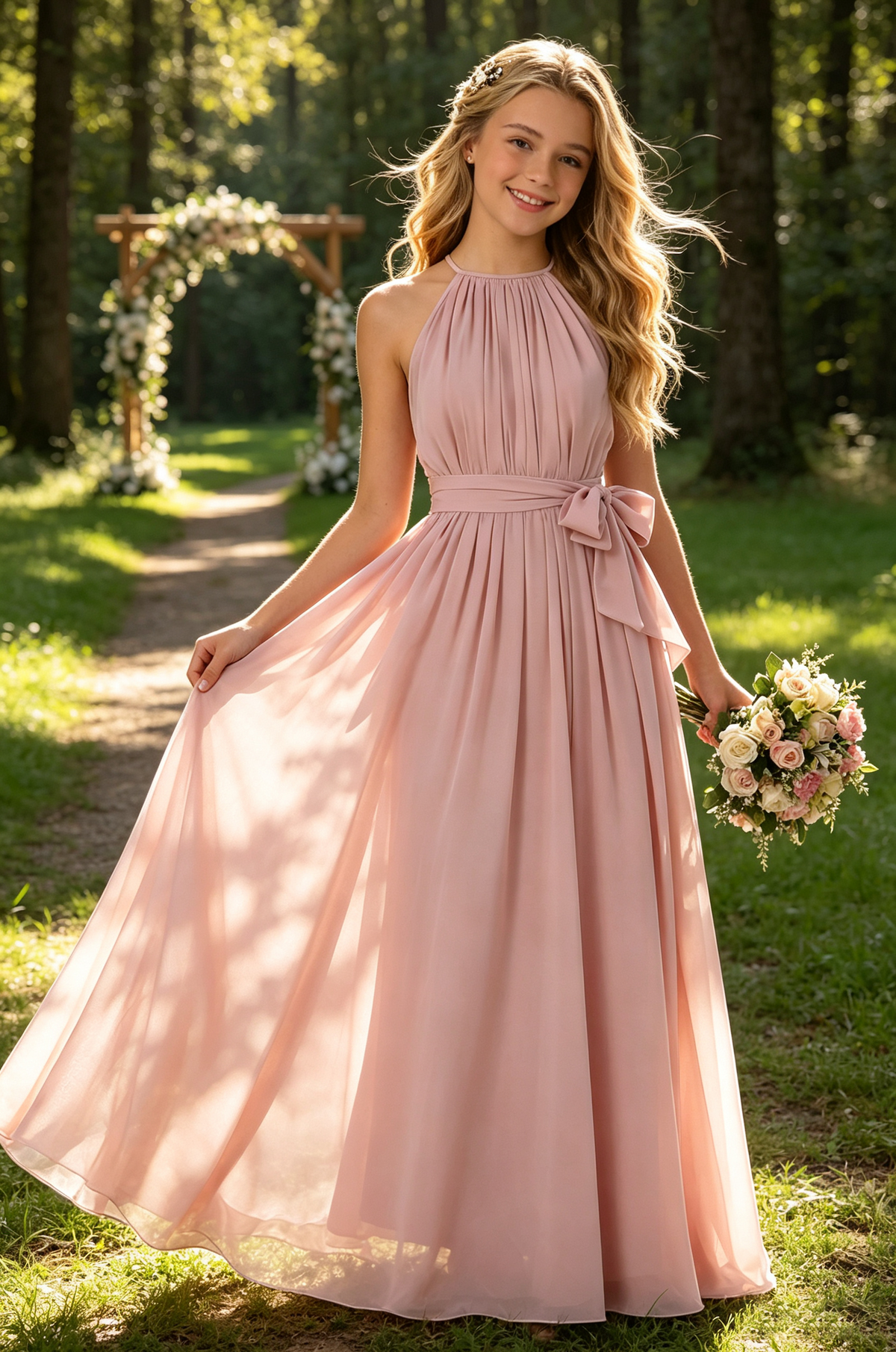 Pink Halter Gathered Chiffon Sash Bow Full A-Line Dress