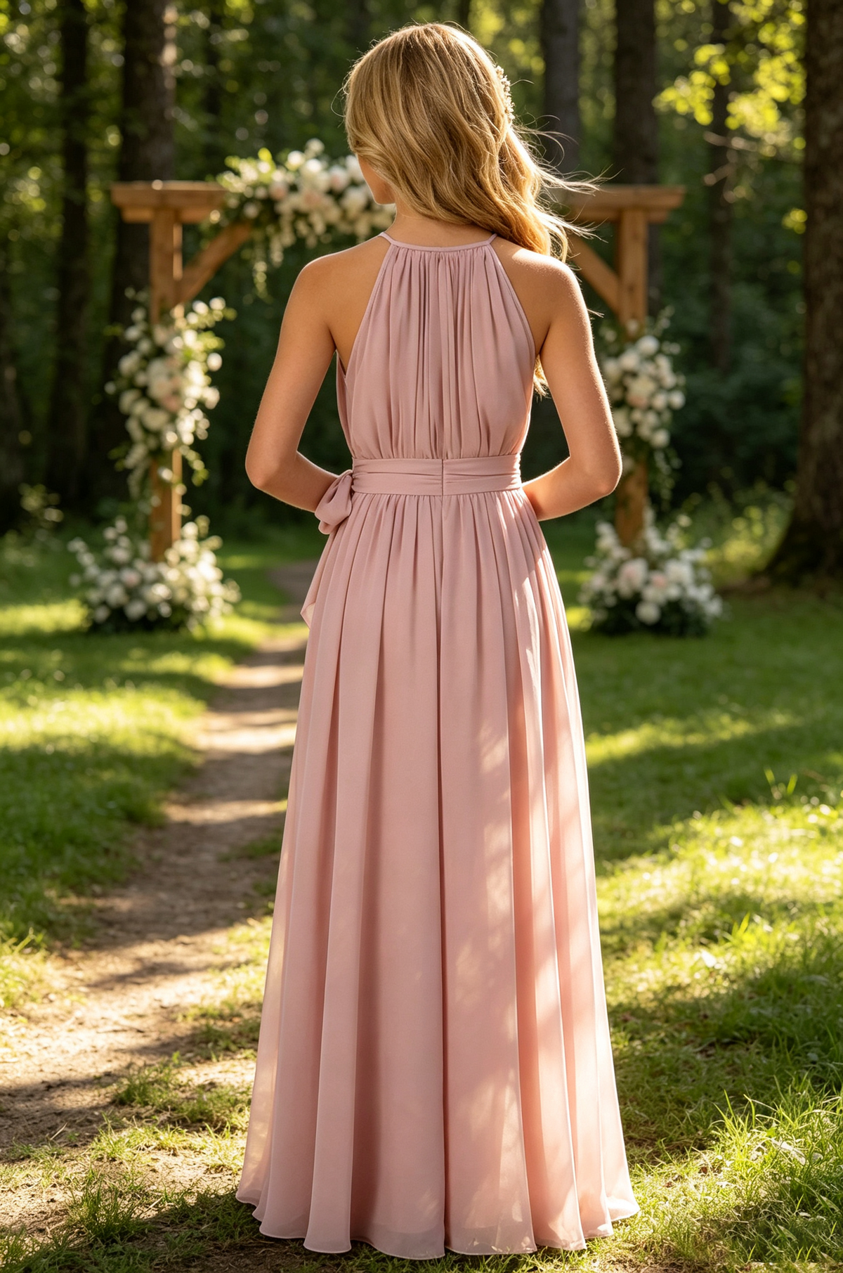 Pink Halter Gathered Chiffon Sash Bow Full A-Line Dress
