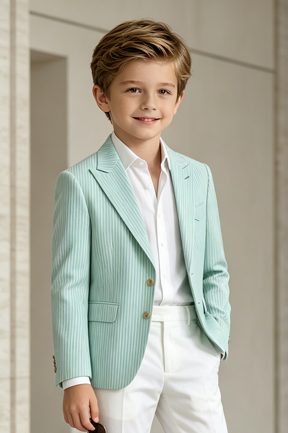 Mint Green & white Vertical Stripe Twill Single Breasted Blazer 2-Piece Suit