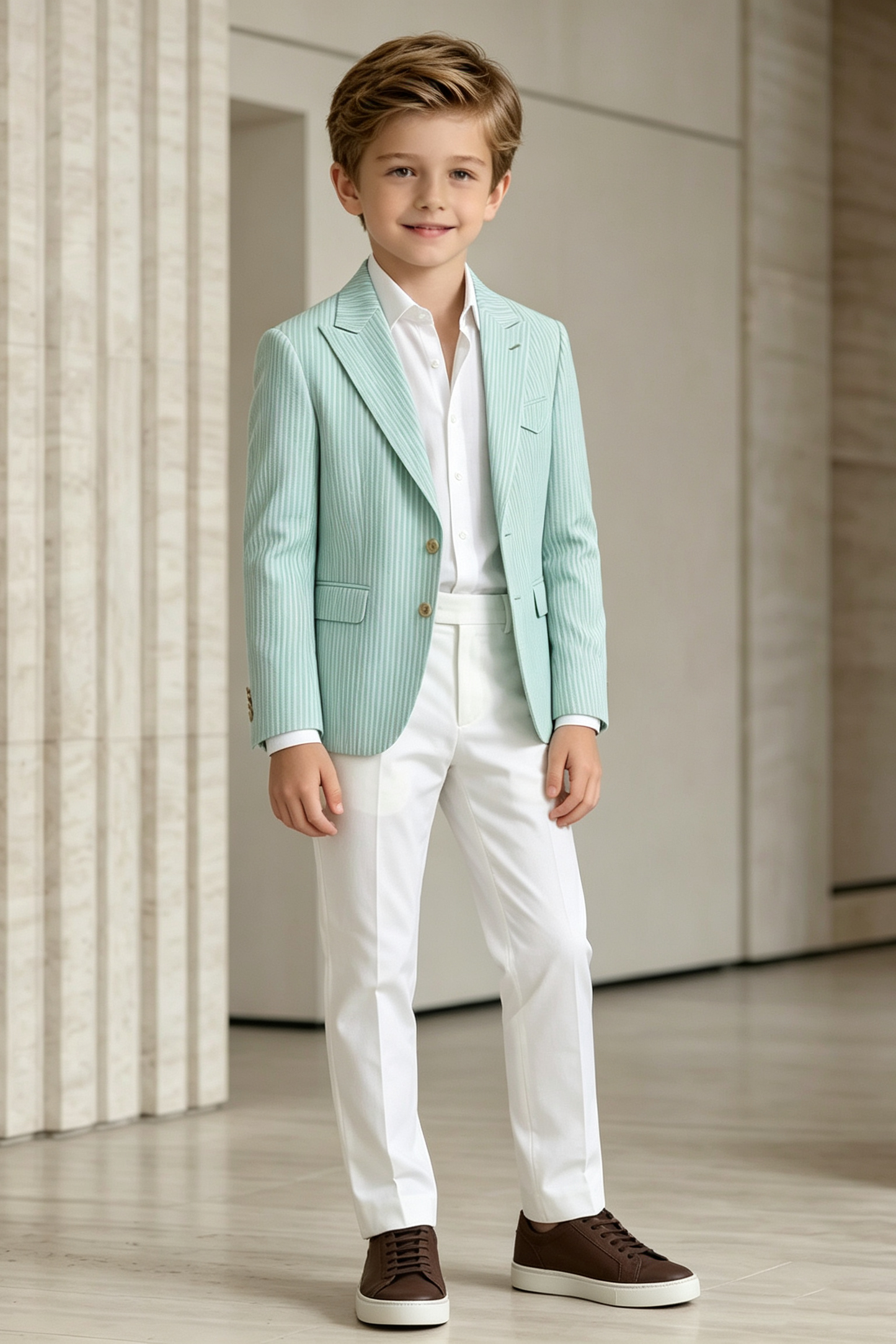 Mint Green & white Vertical Stripe Twill Single Breasted Blazer 2-Piece Suit
