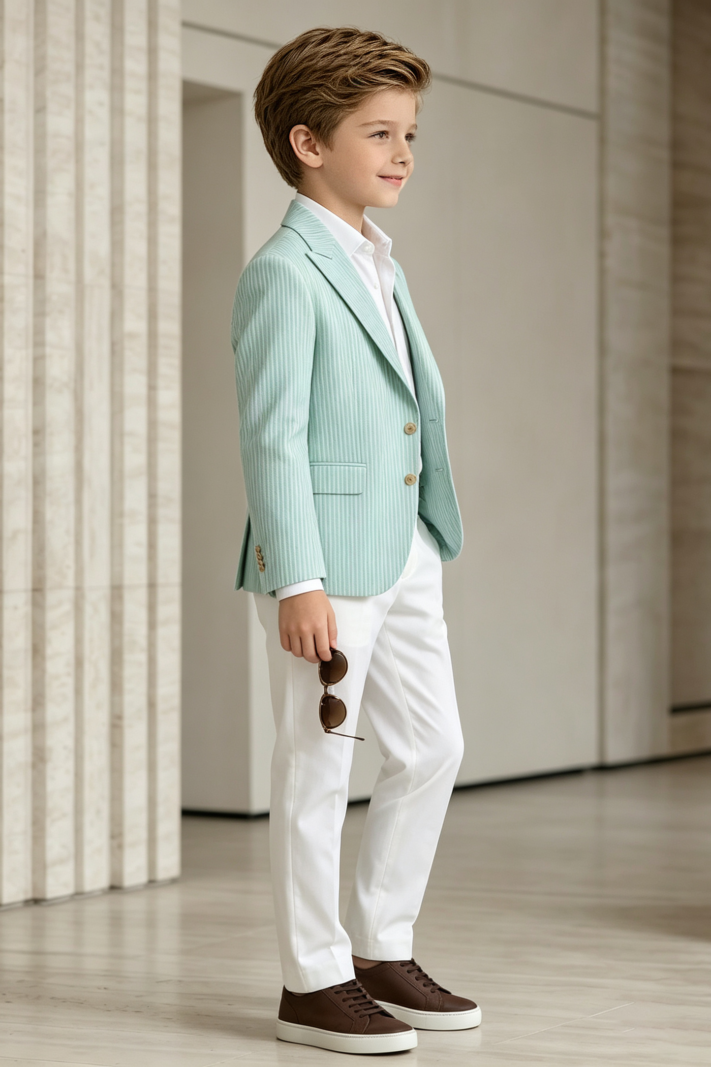 Mint Green & white Vertical Stripe Twill Single Breasted Blazer 2-Piece Suit