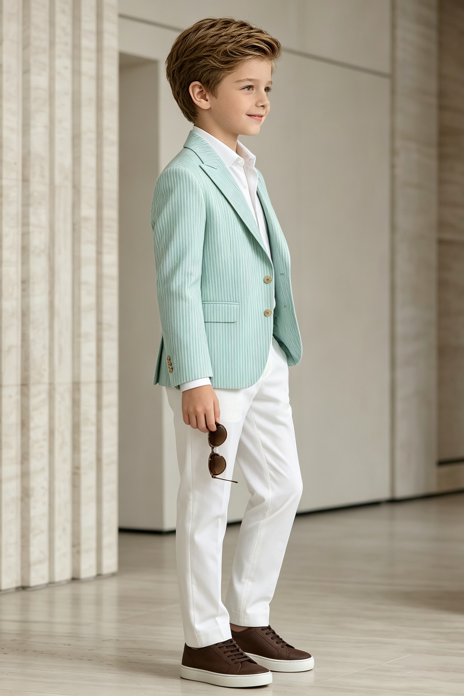 Mint Green & white Vertical Stripe Twill Single Breasted Blazer 2-Piece Suit