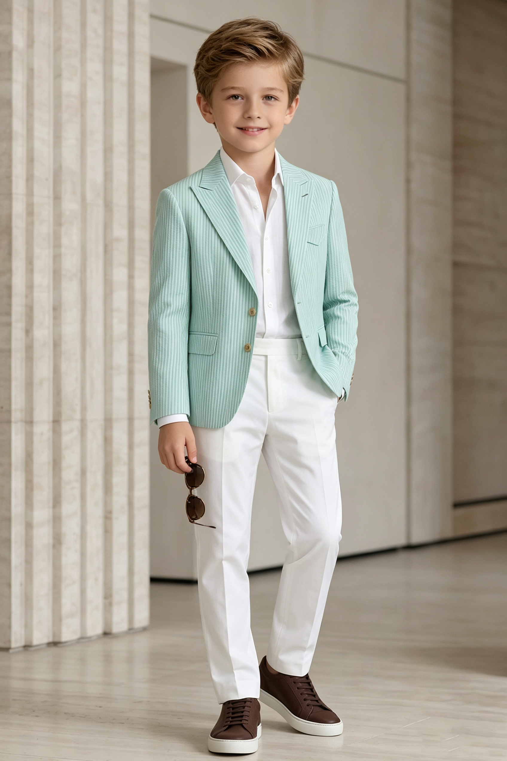 Mint Green & white Vertical Stripe Twill Single Breasted Blazer 2-Piece Suit