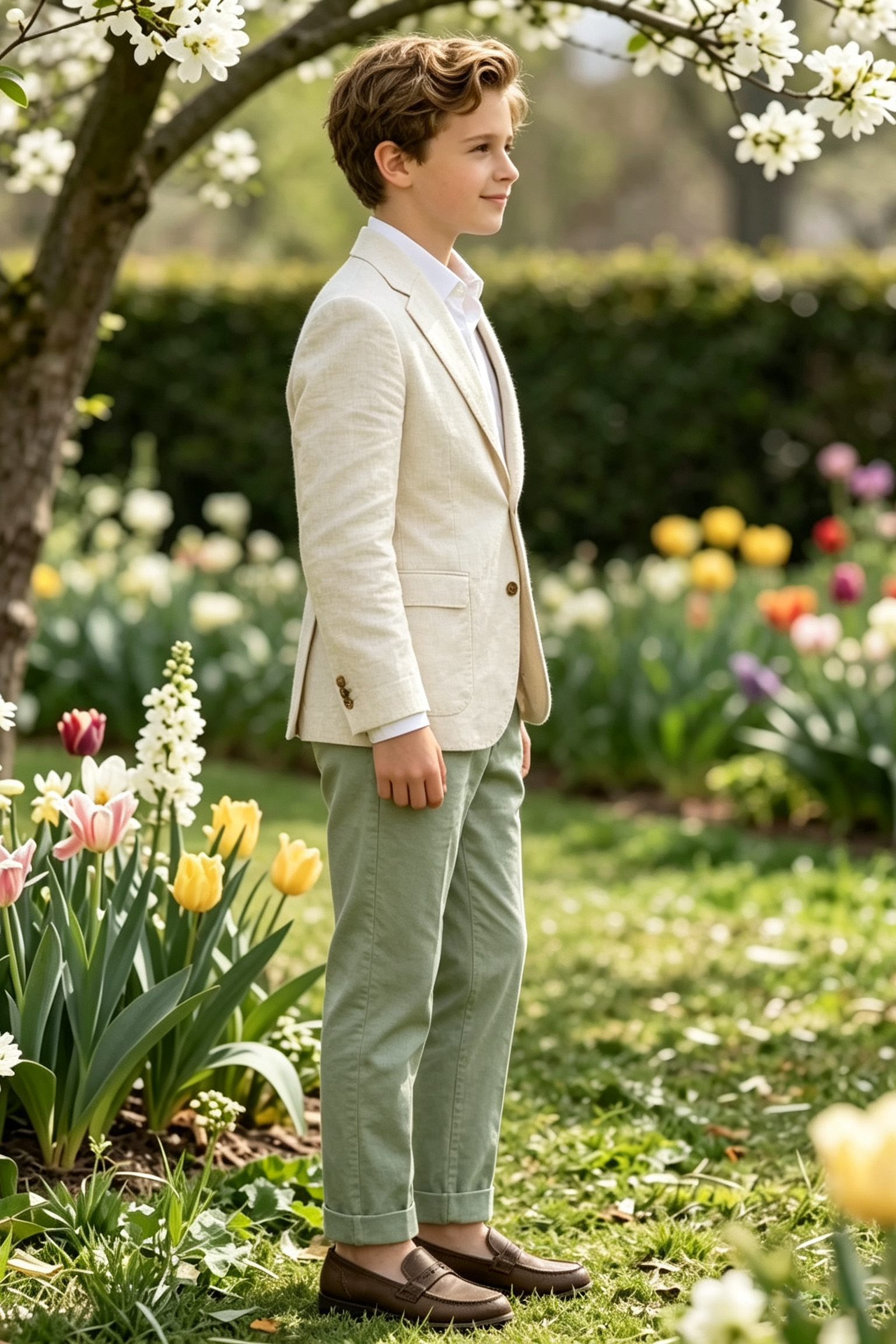 Beige & Sage Green Cotton Linen-Blend Single Breasted Blazer 2-Piece Suit