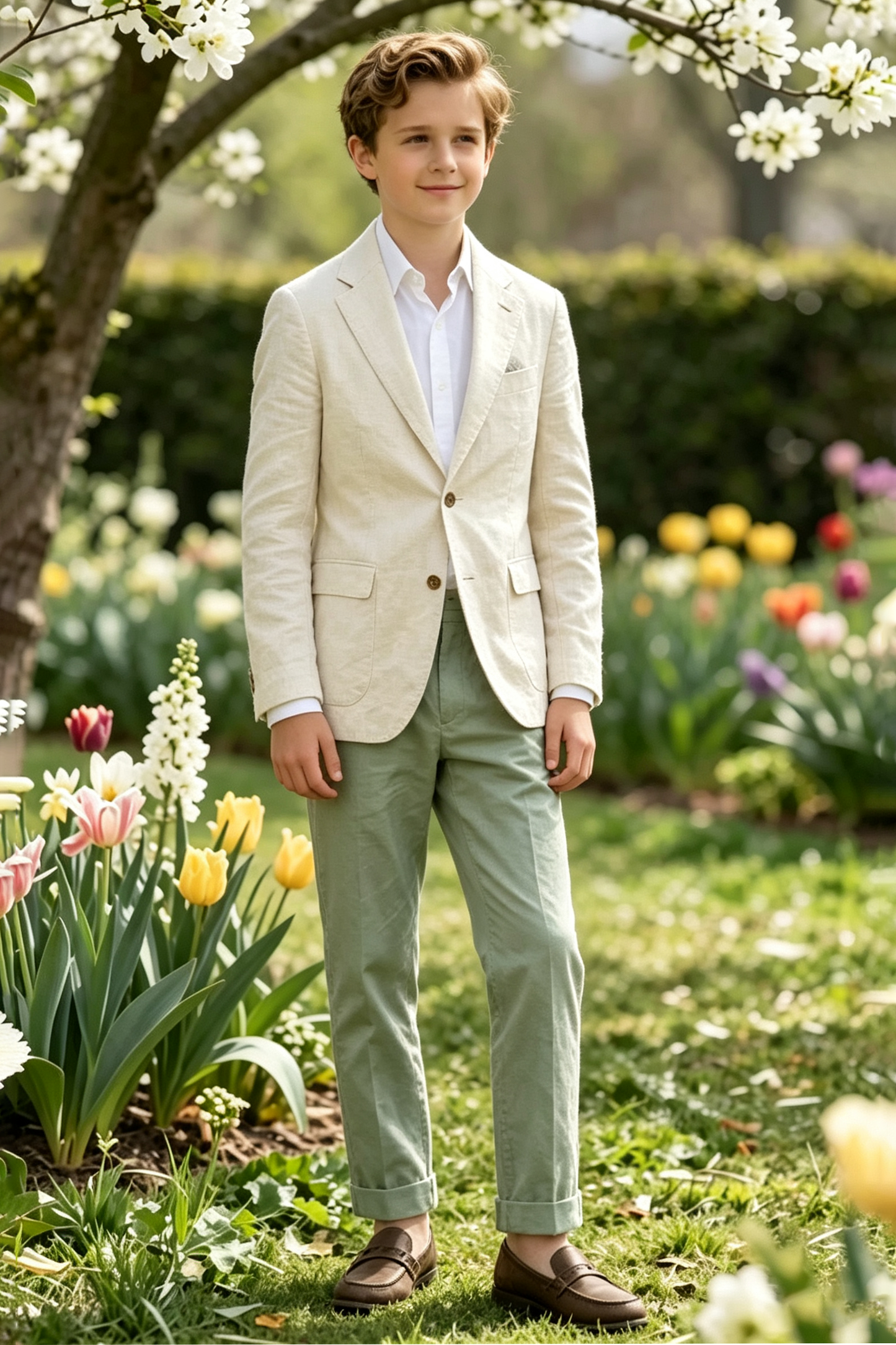 Beige & Sage Green Cotton Linen-Blend Single Breasted Blazer 2-Piece Suit