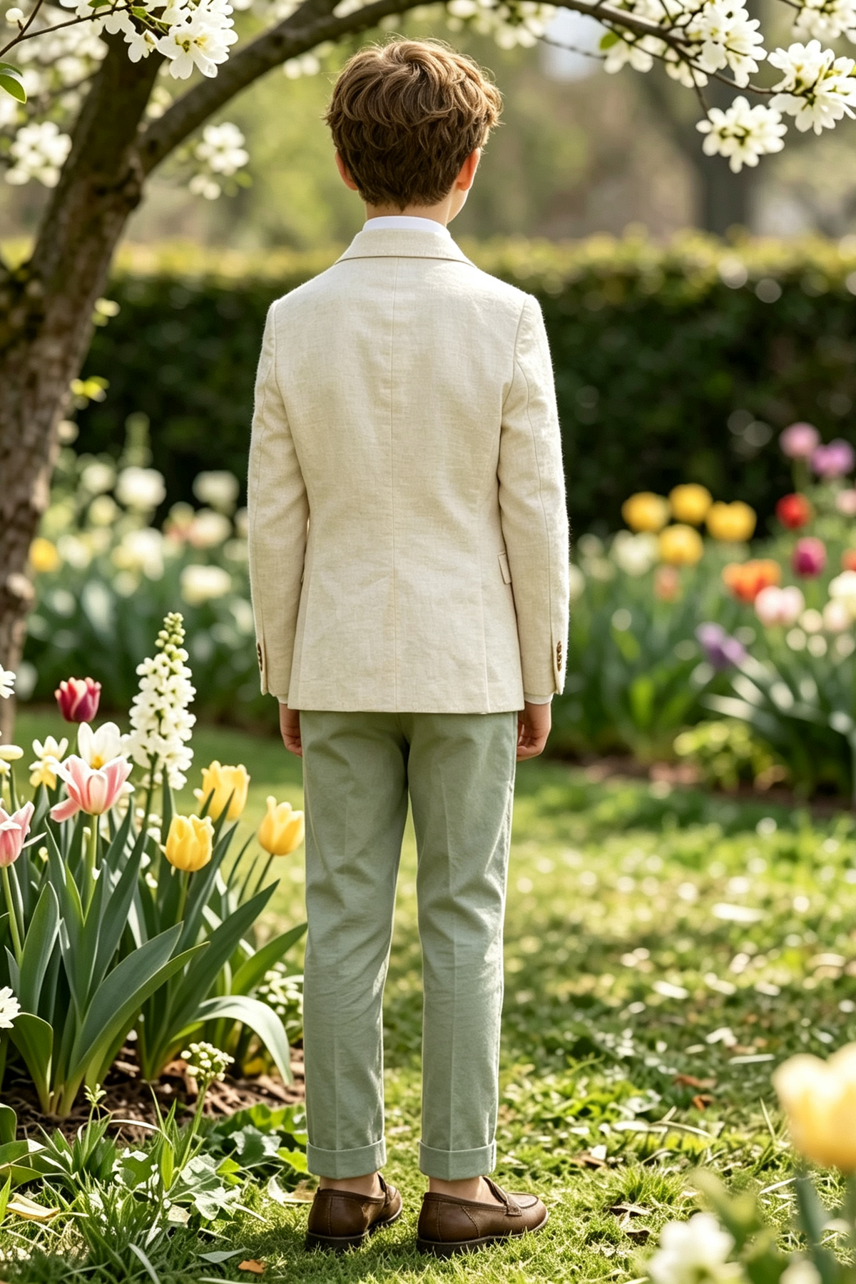 Beige & Sage Green Cotton Linen-Blend Single Breasted Blazer 2-Piece Suit