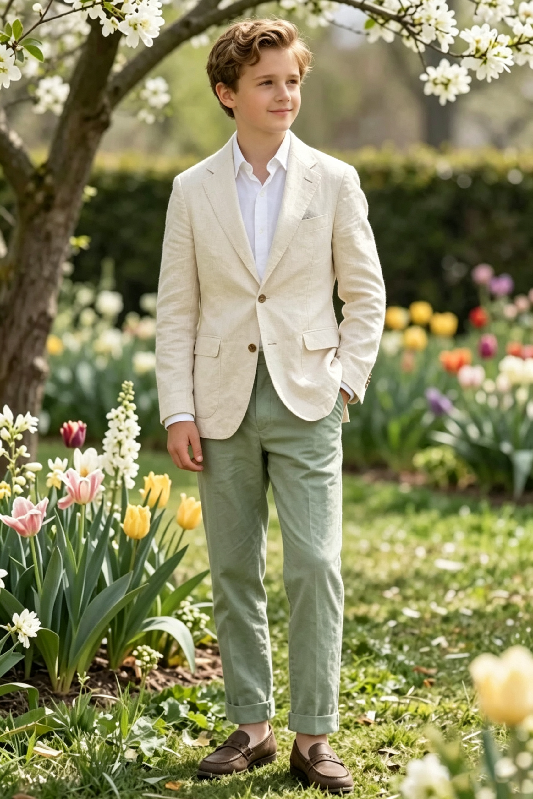 Beige & Sage Green Cotton Linen-Blend Single Breasted Blazer 2-Piece Suit