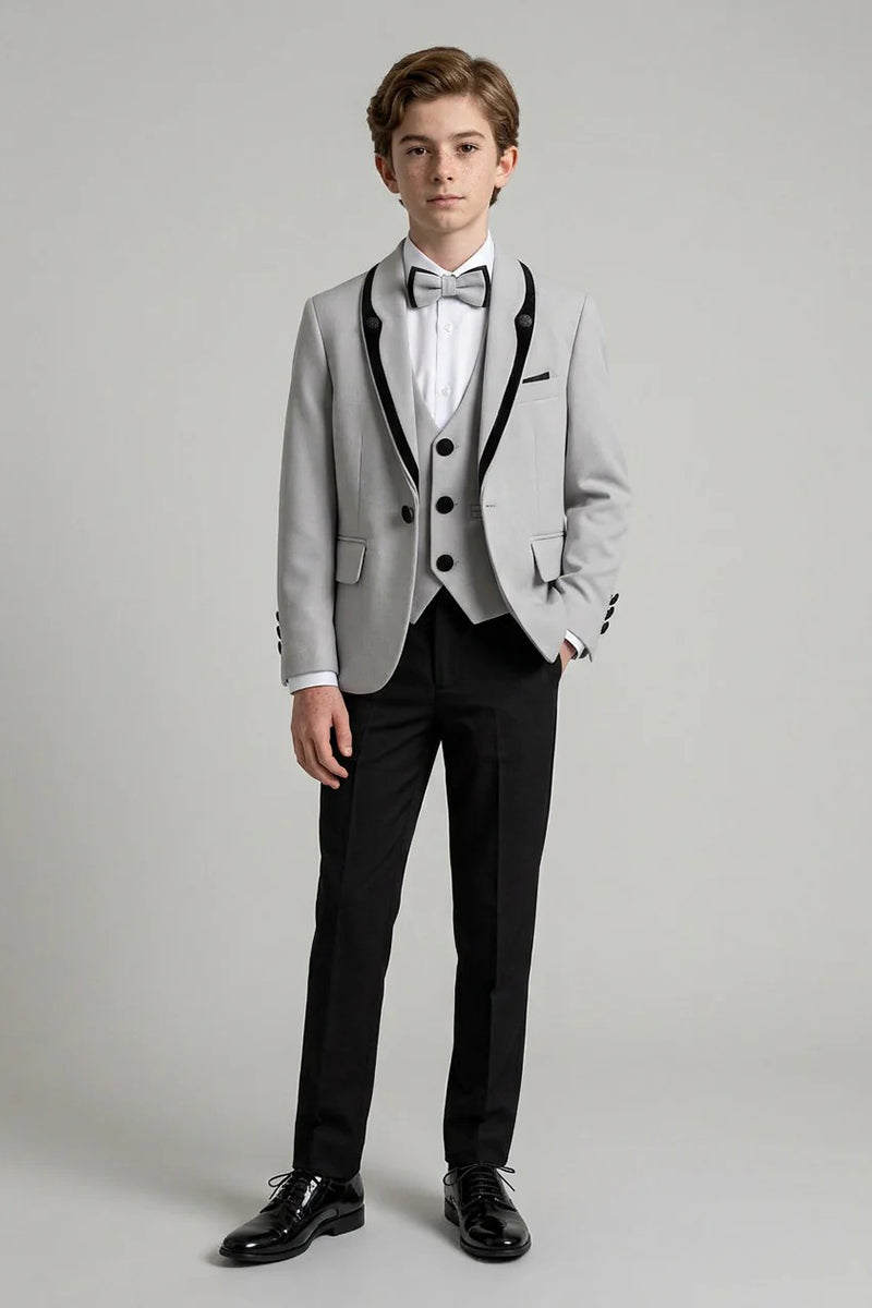 Boys Grey Trim Peak Lapel  3-Piece Suit for Wedding