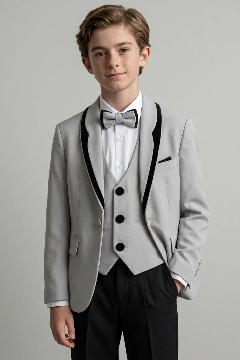 Boys Grey Trim Peak Lapel  3-Piece Suit for Wedding