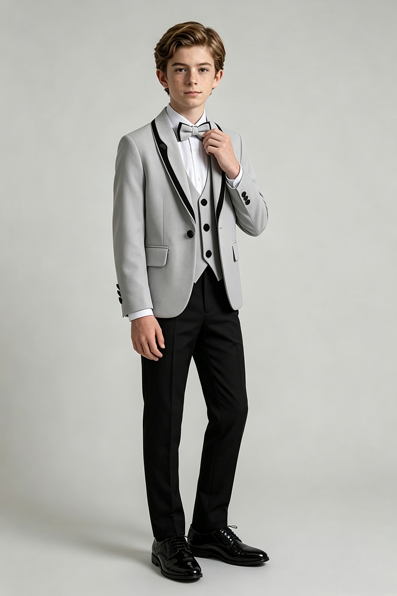 Boys Grey Trim Peak Lapel  3-Piece Suit for Wedding