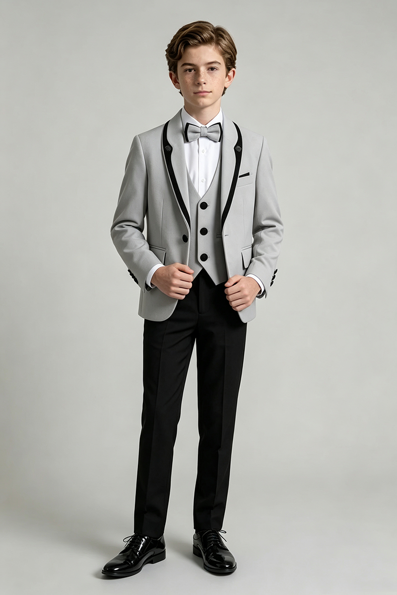 Boys Grey Trim Peak Lapel  3-Piece Suit for Wedding